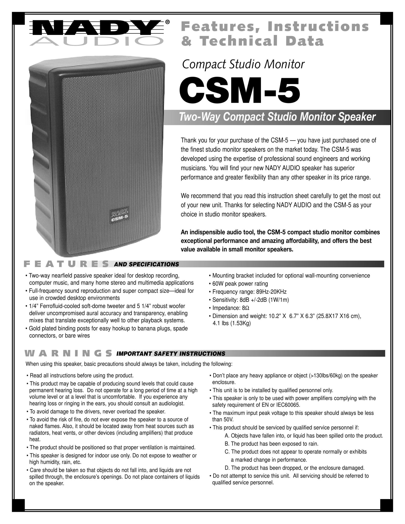 Nady Systems CSM-5 Home Theater System User Manual