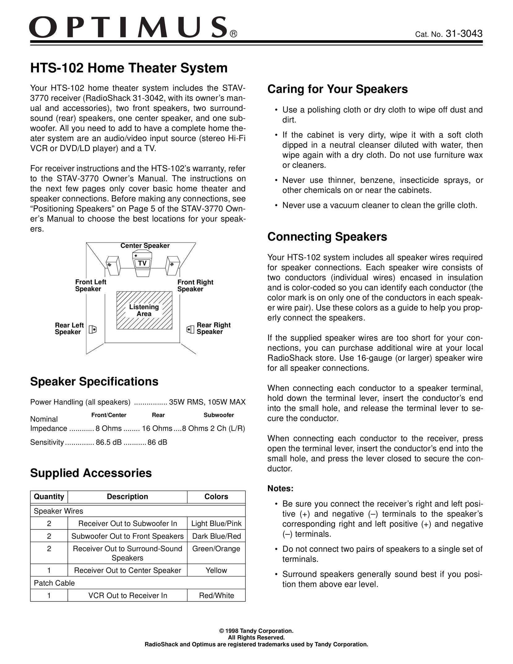 Optimus HTS-102 Home Theater System User Manual