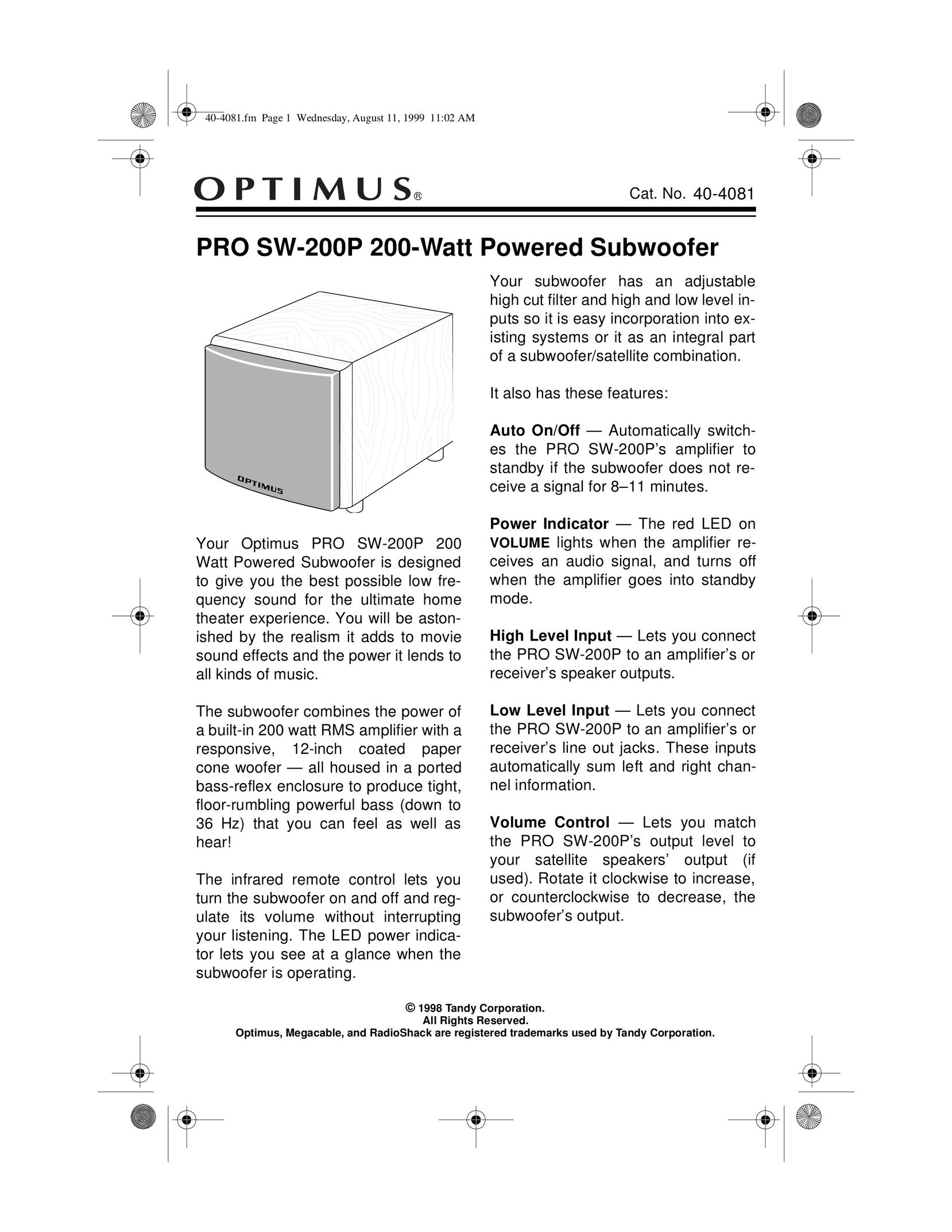 Optimus PRO SW-200P Home Theater System User Manual