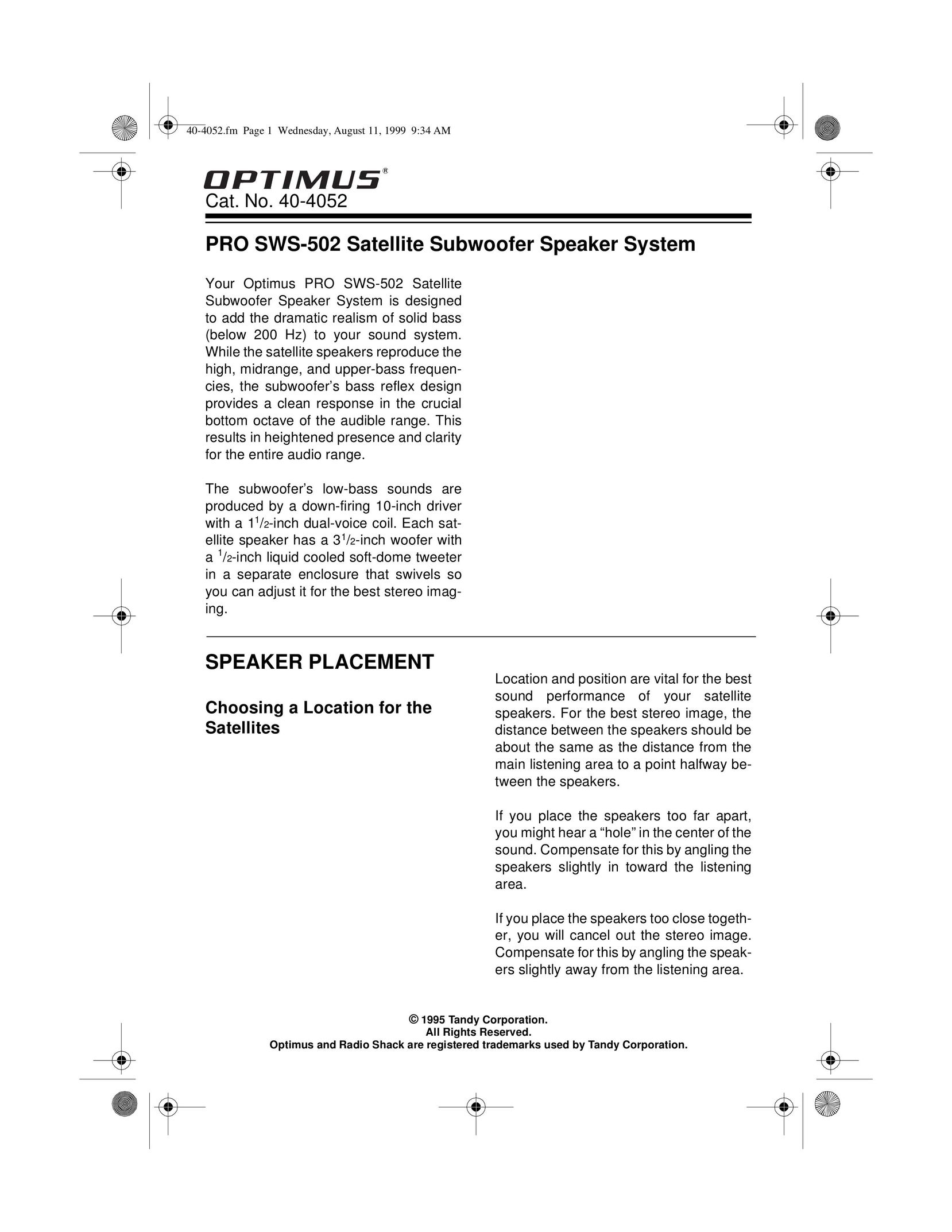Optimus PRO SWS-502 Home Theater System User Manual