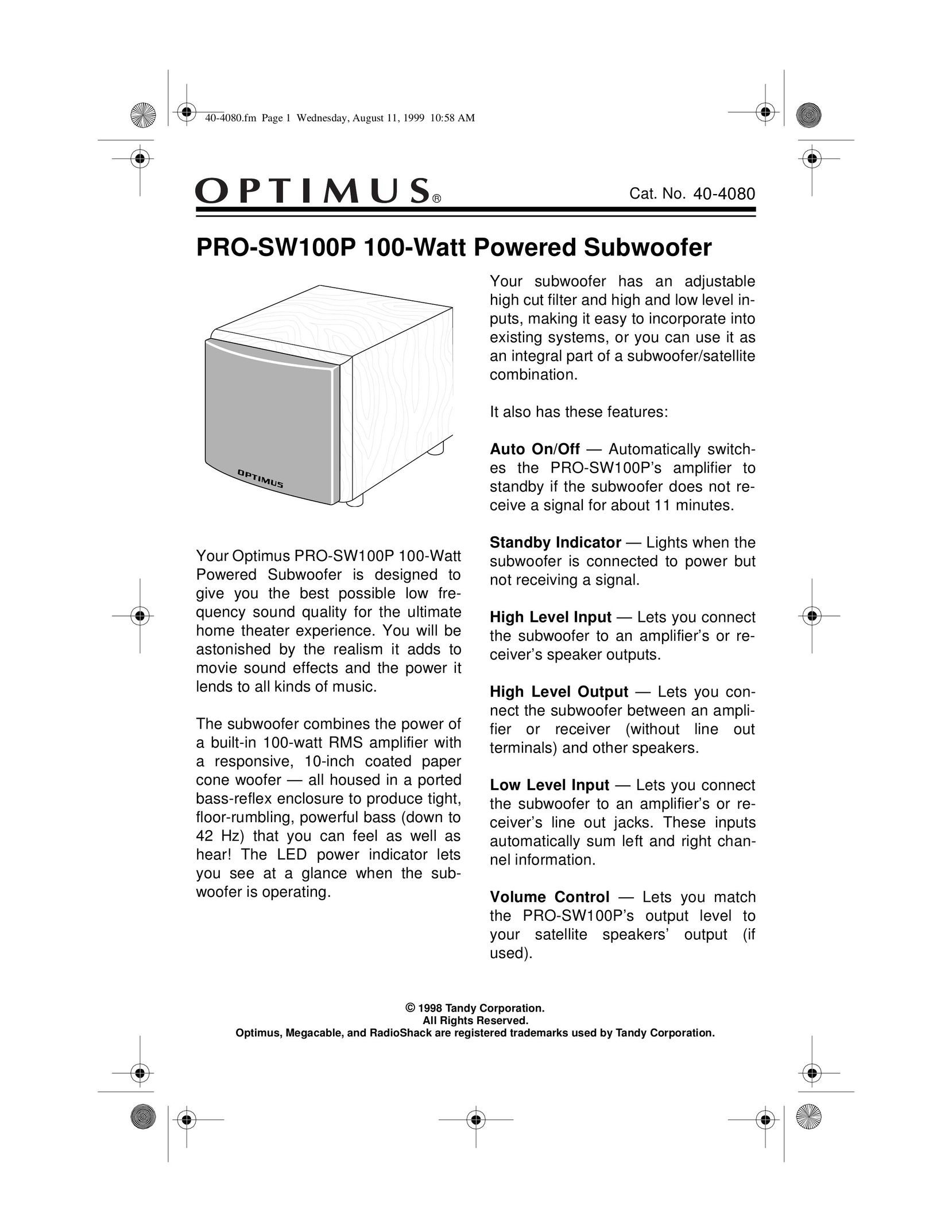 Optimus PRO-SW100P Home Theater System User Manual