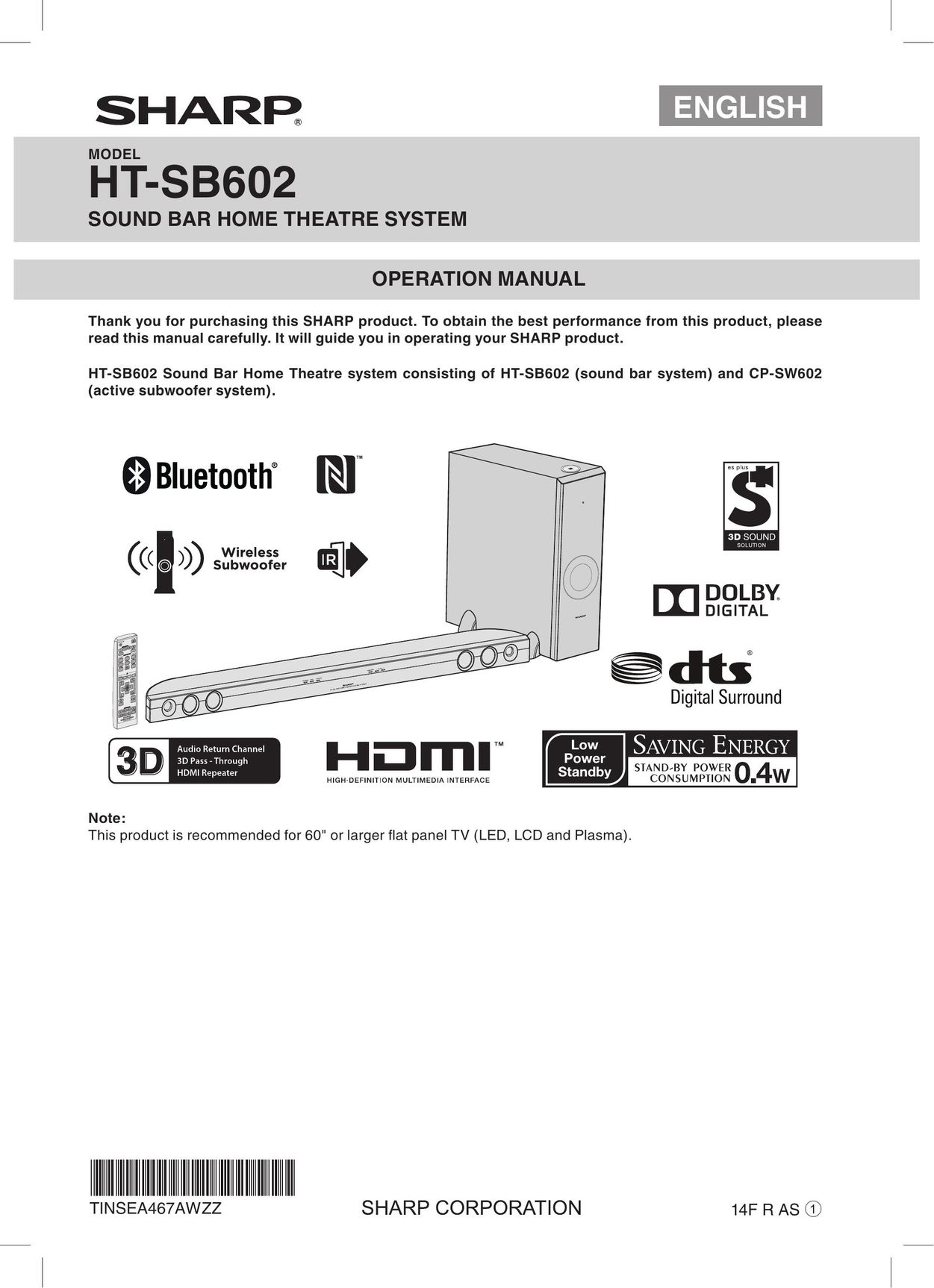 Sharp HT-SB602 Home Theater System User Manual
