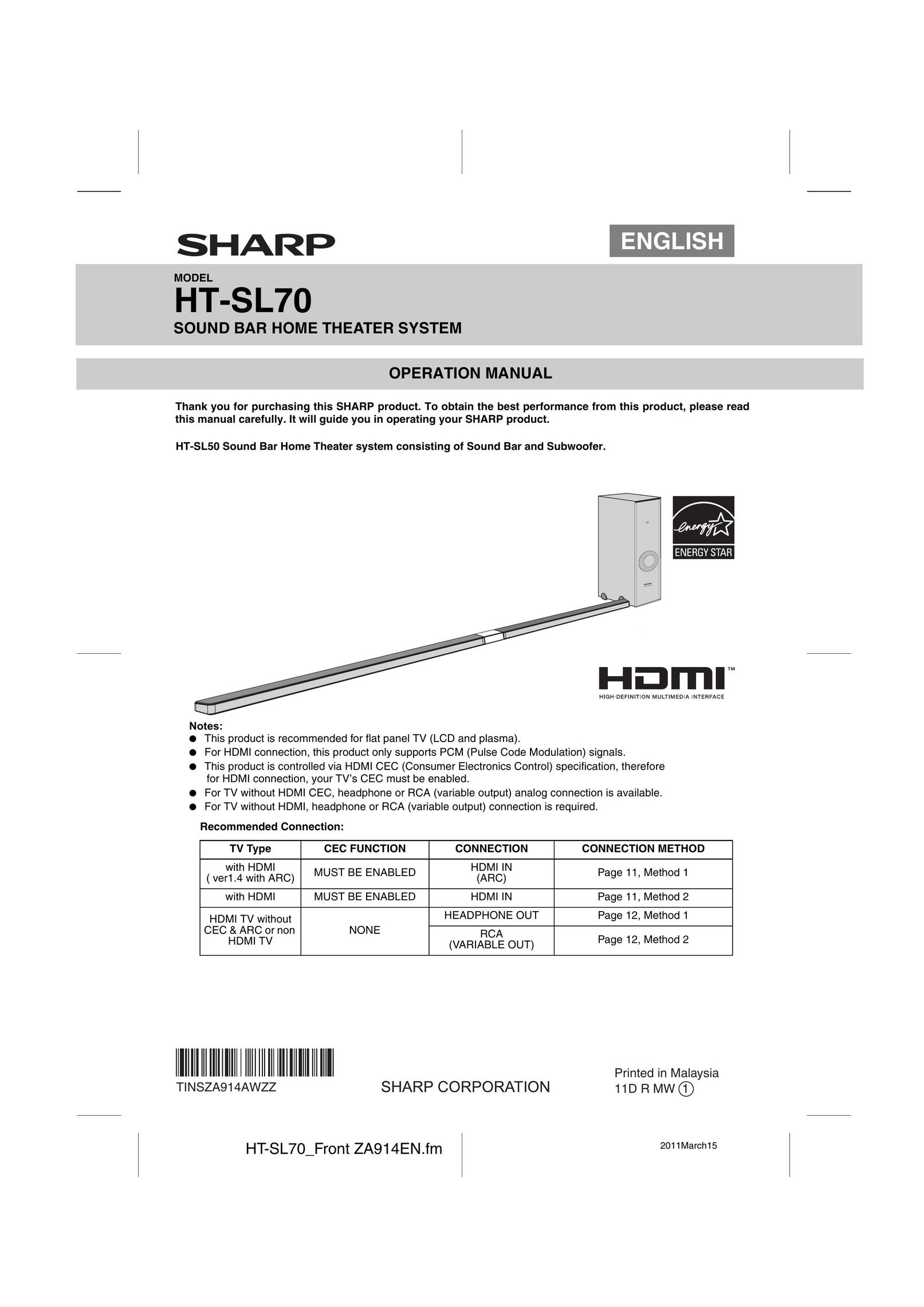 Sharp HT-SL50 Home Theater System User Manual