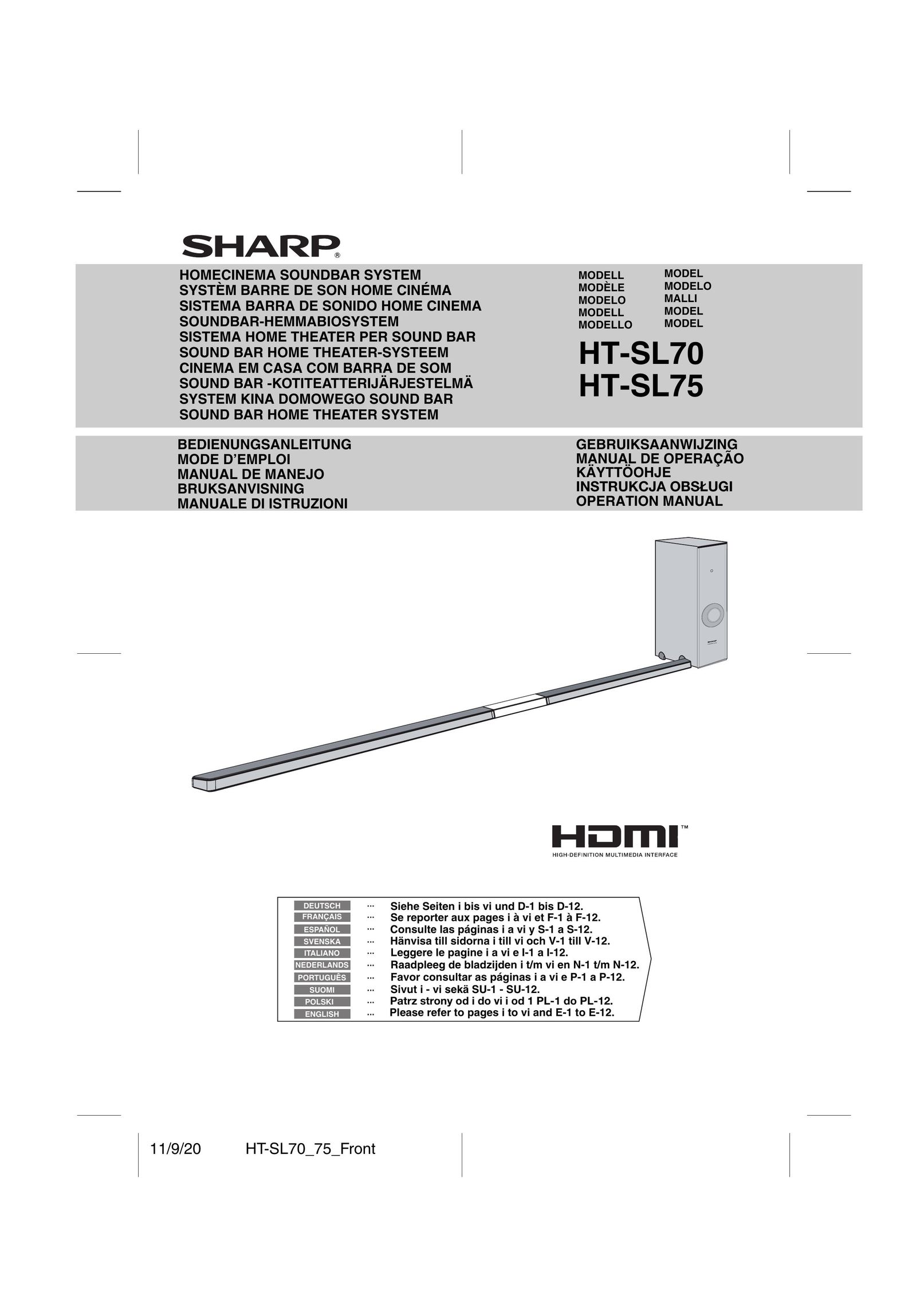 Sharp HT-SL70 Home Theater System User Manual