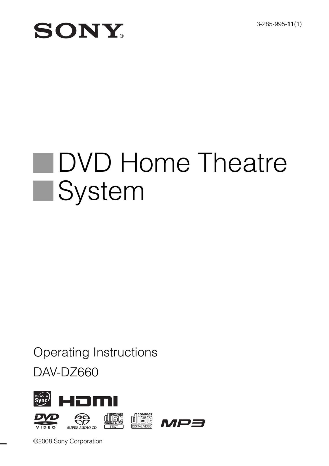Sony 3-285-995-11(1) Home Theater System User Manual