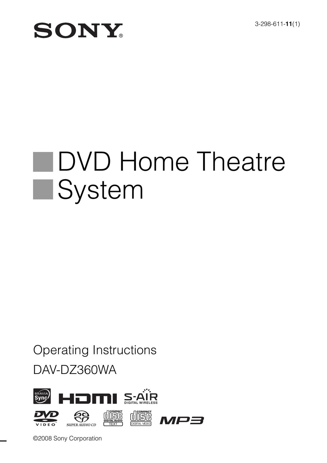 Sony 3-298-611-11(1) Home Theater System User Manual