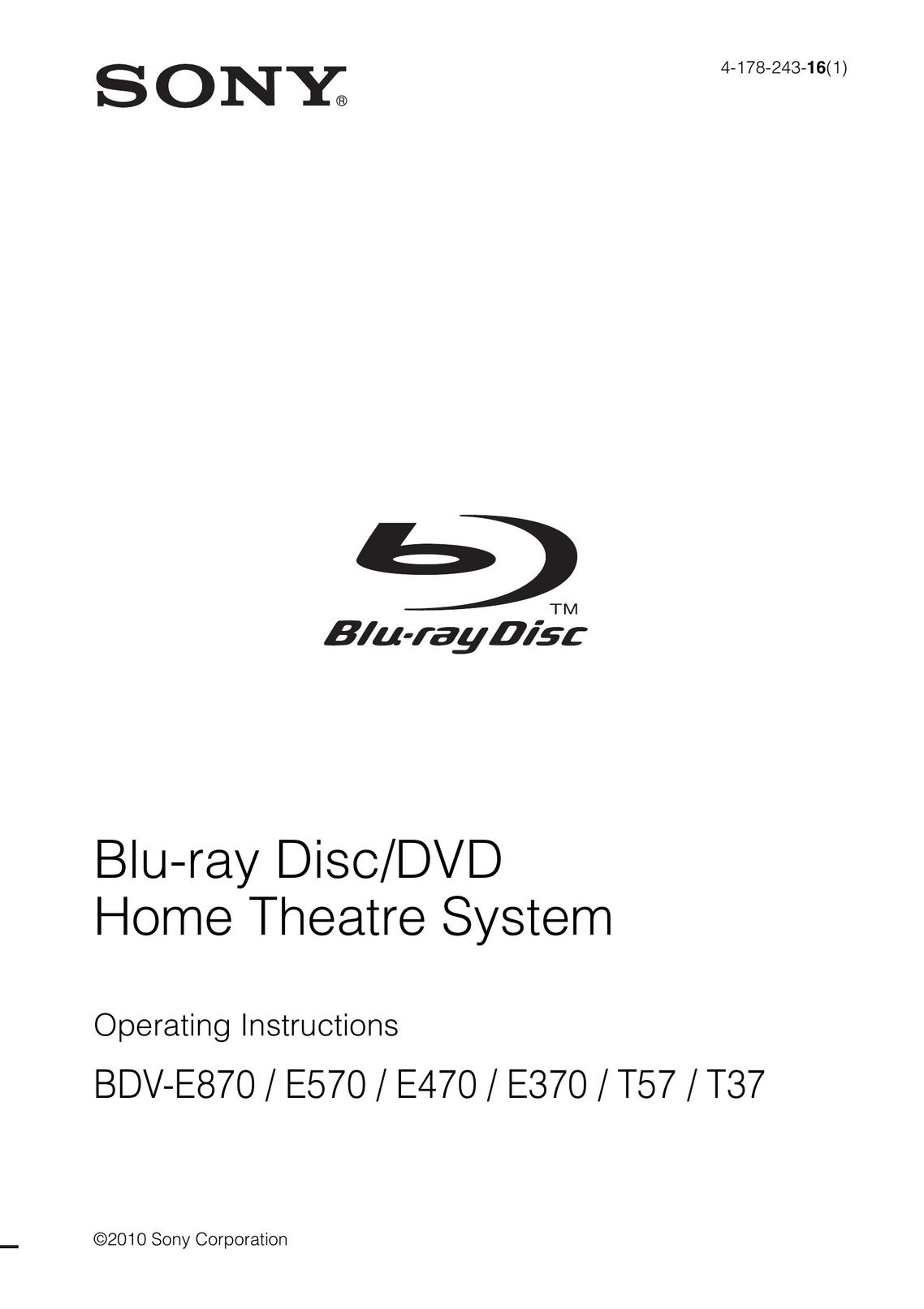 Sony BDV-E370 Home Theater System User Manual