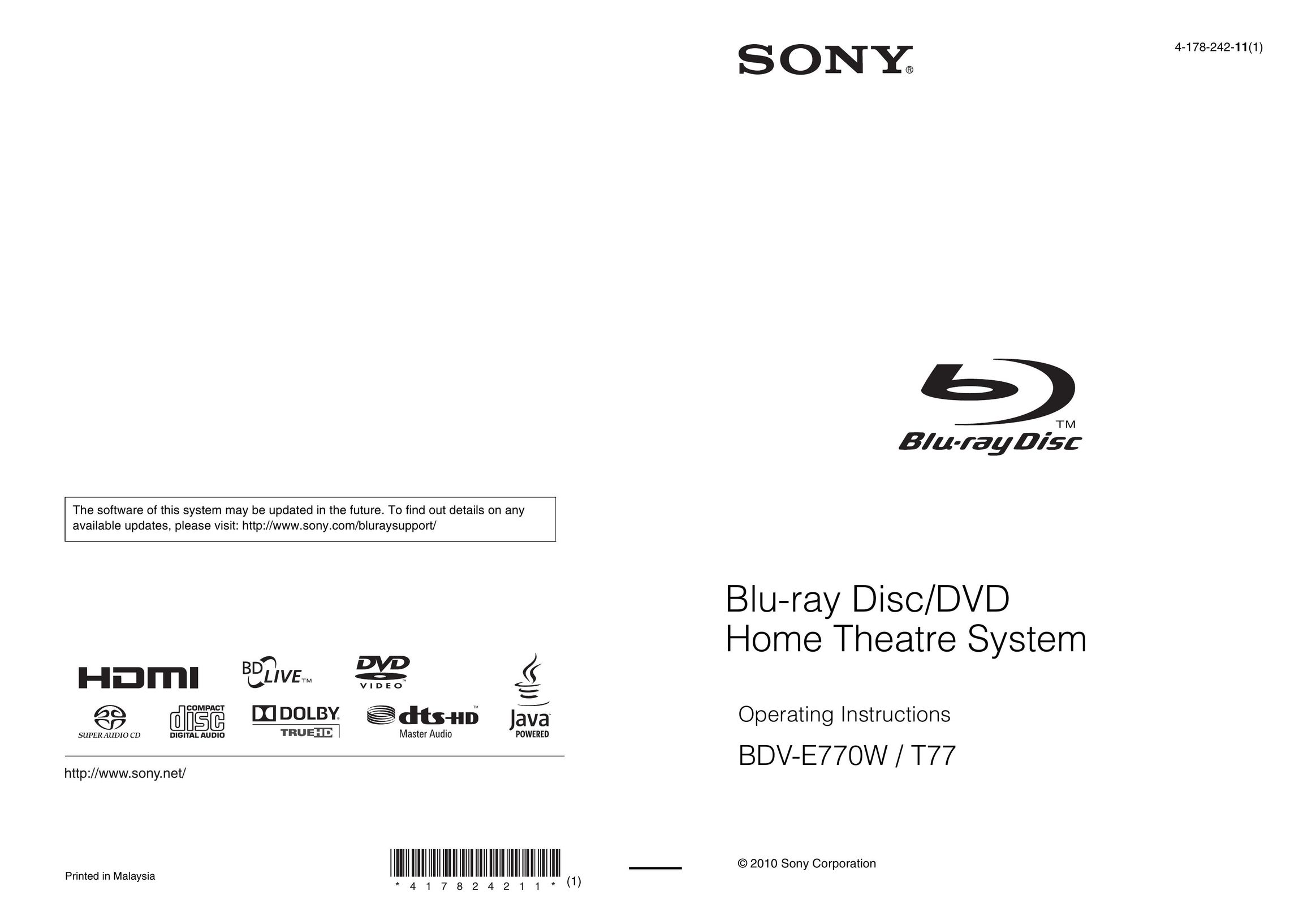 Sony BDV-E770W Home Theater System User Manual