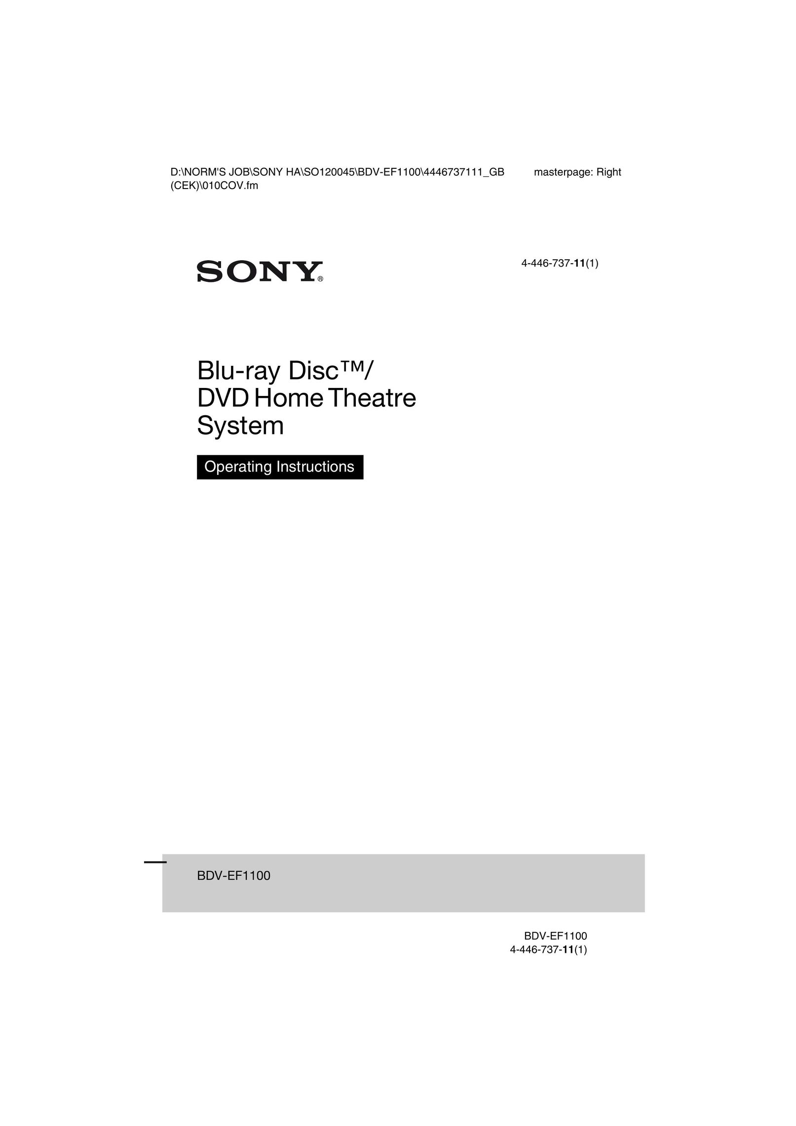 Sony BDV-EF1100 Home Theater System User Manual