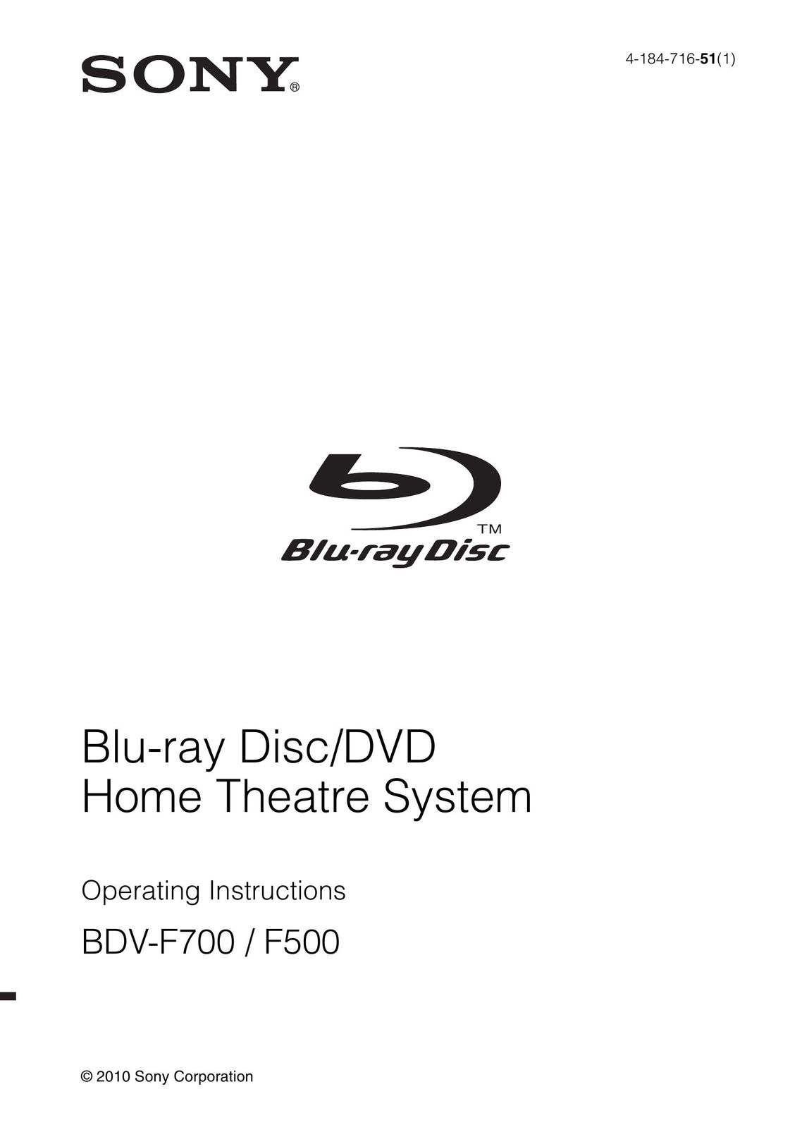 Sony BDV-F500 Home Theater System User Manual