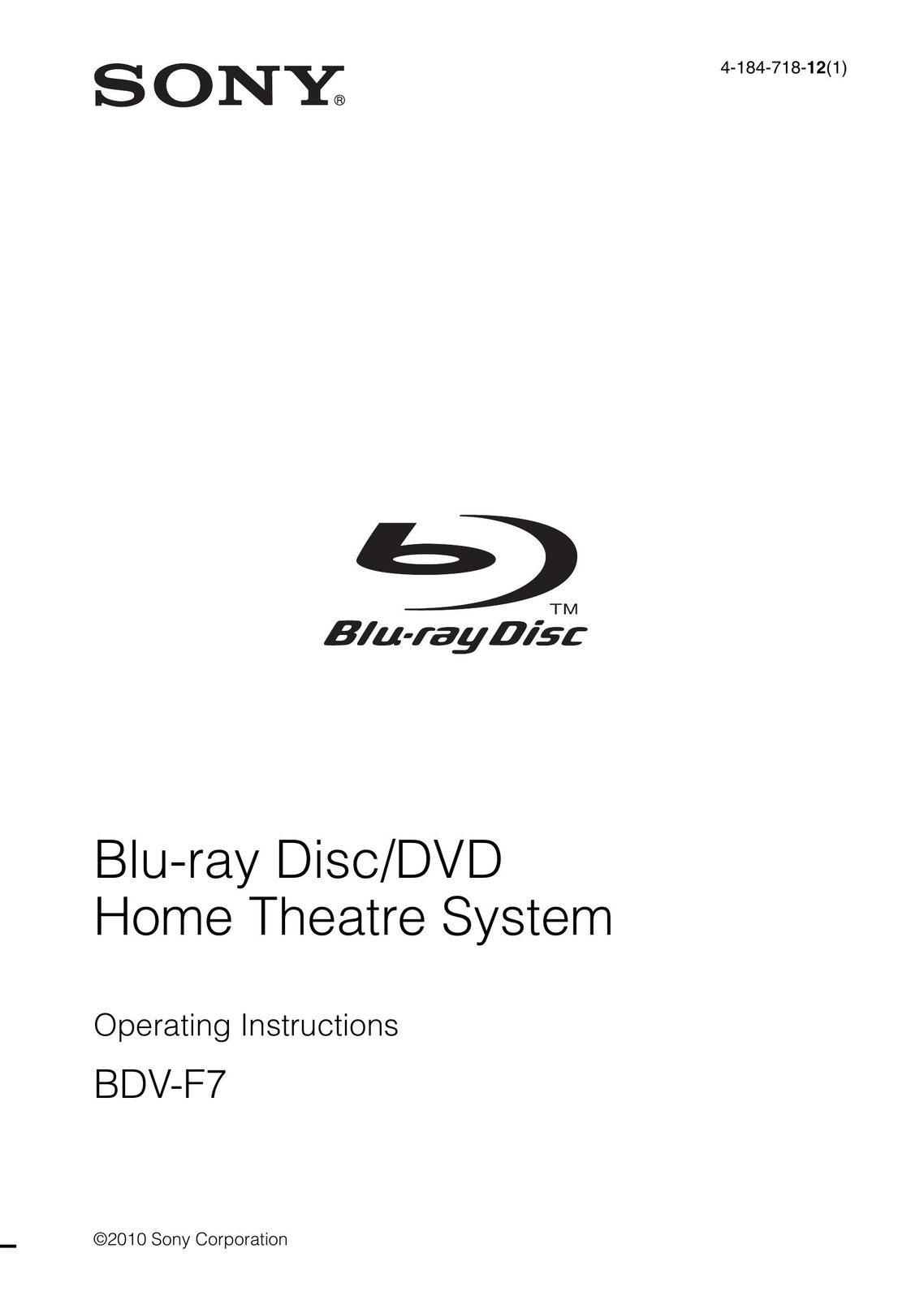 Sony BDV-F7 Home Theater System User Manual