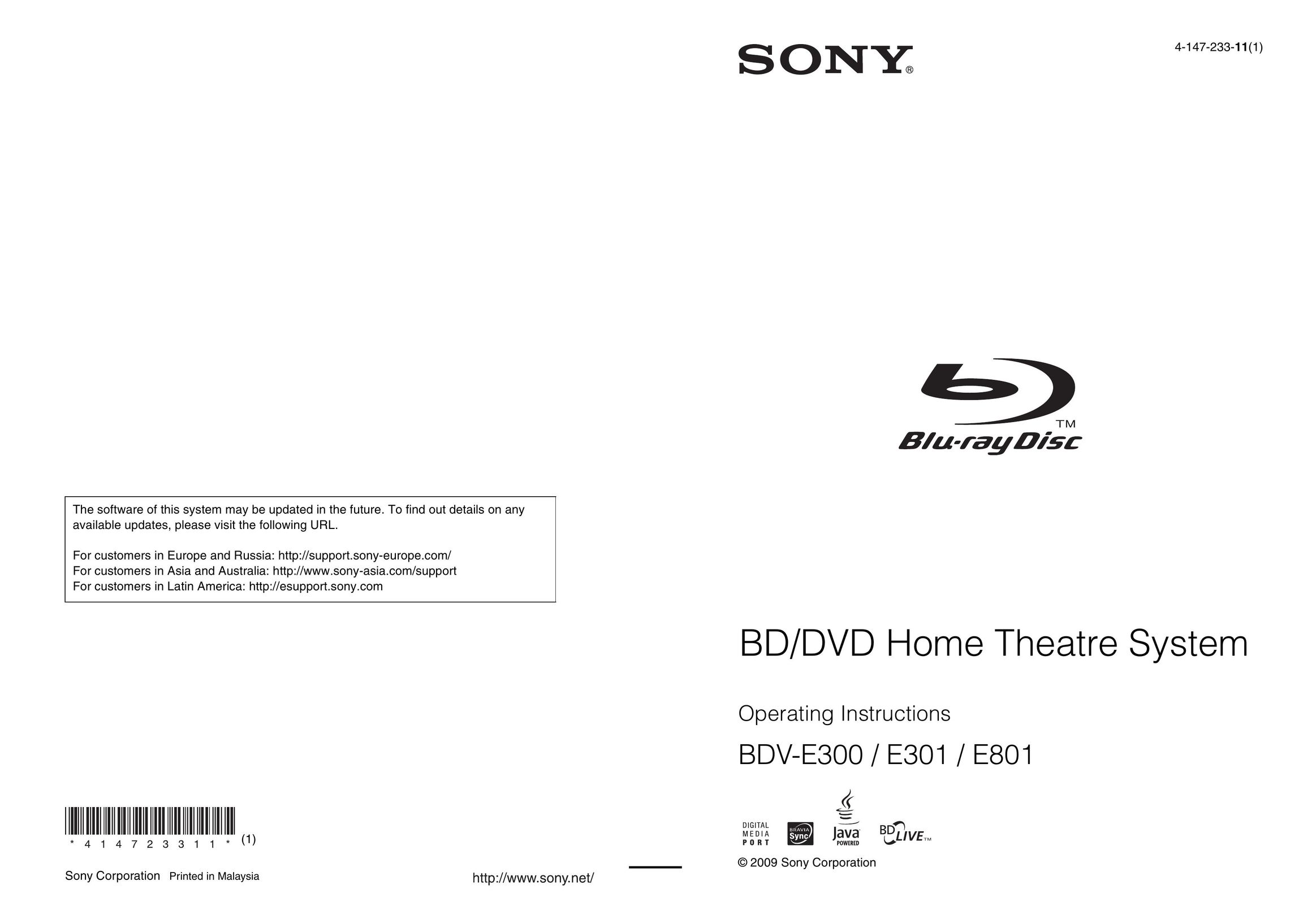 Sony Ericsson BDV-E300 Home Theater System User Manual