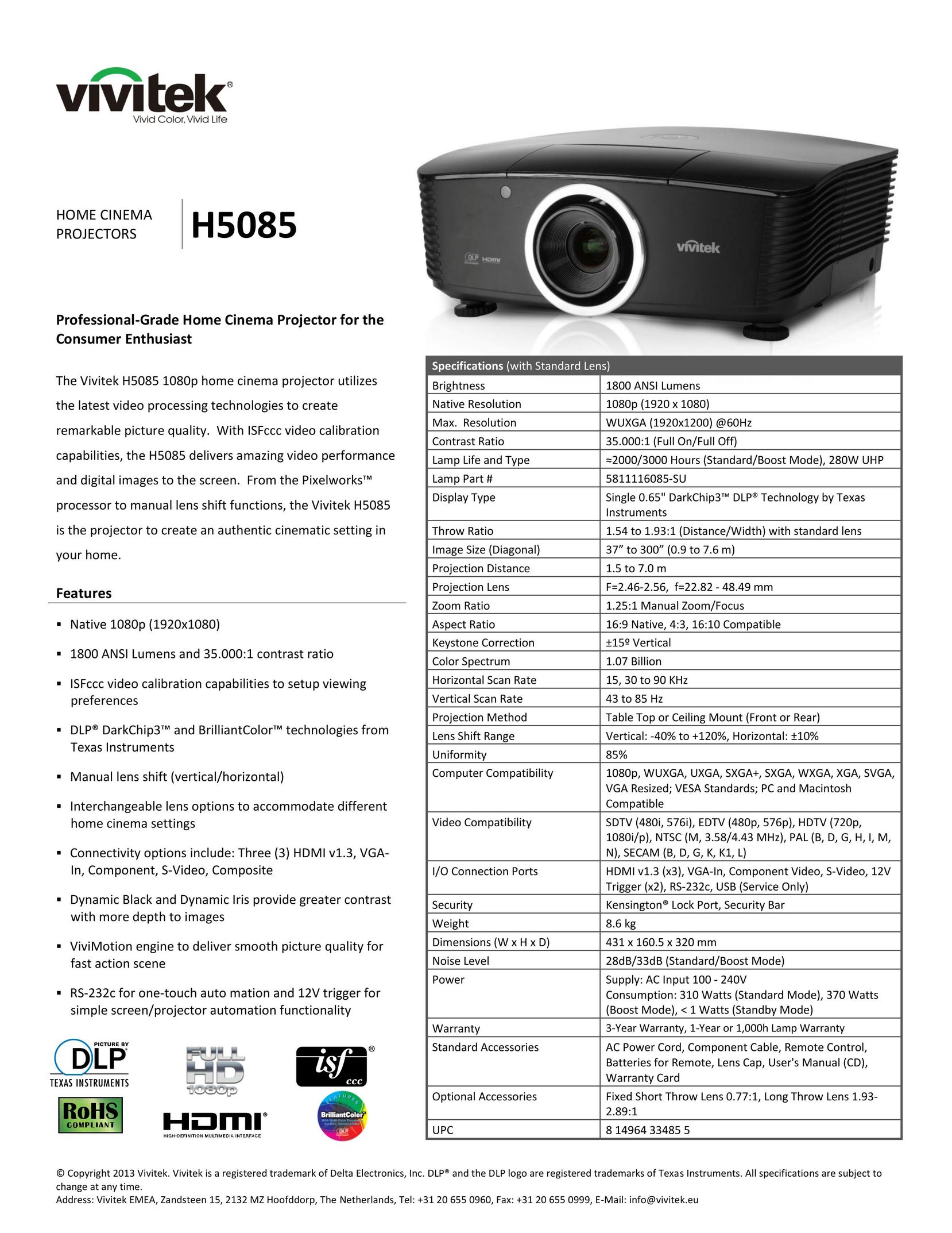 Vivitek h5085 Home Theater System User Manual