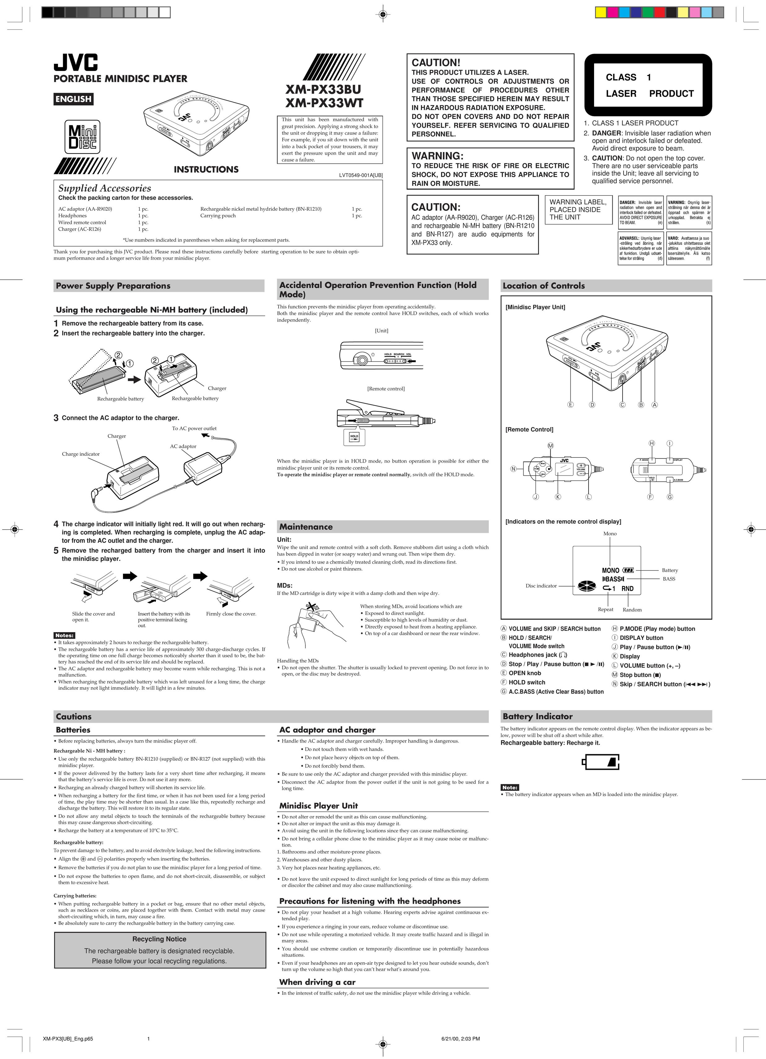 JVC XM-PX33BU MiniDisc Player User Manual