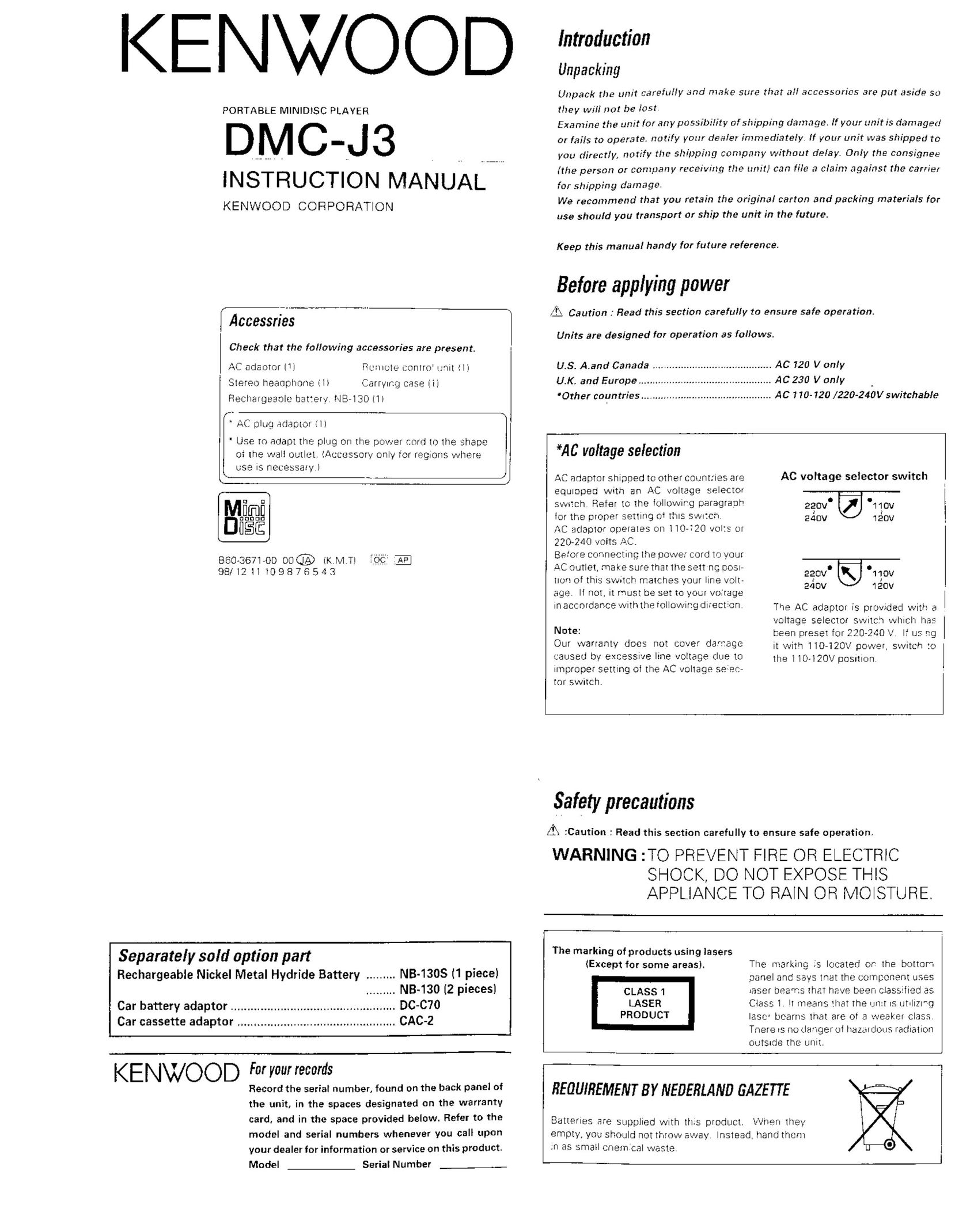 Kenwood DMC-J3 MiniDisc Player User Manual