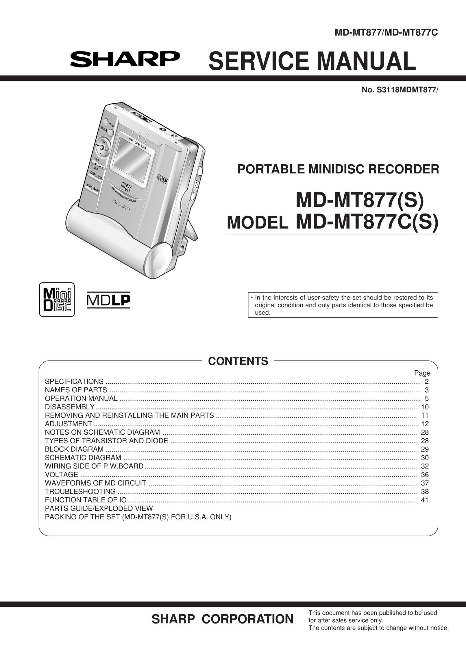 Sharp MD-MT877 MiniDisc Player User Manual