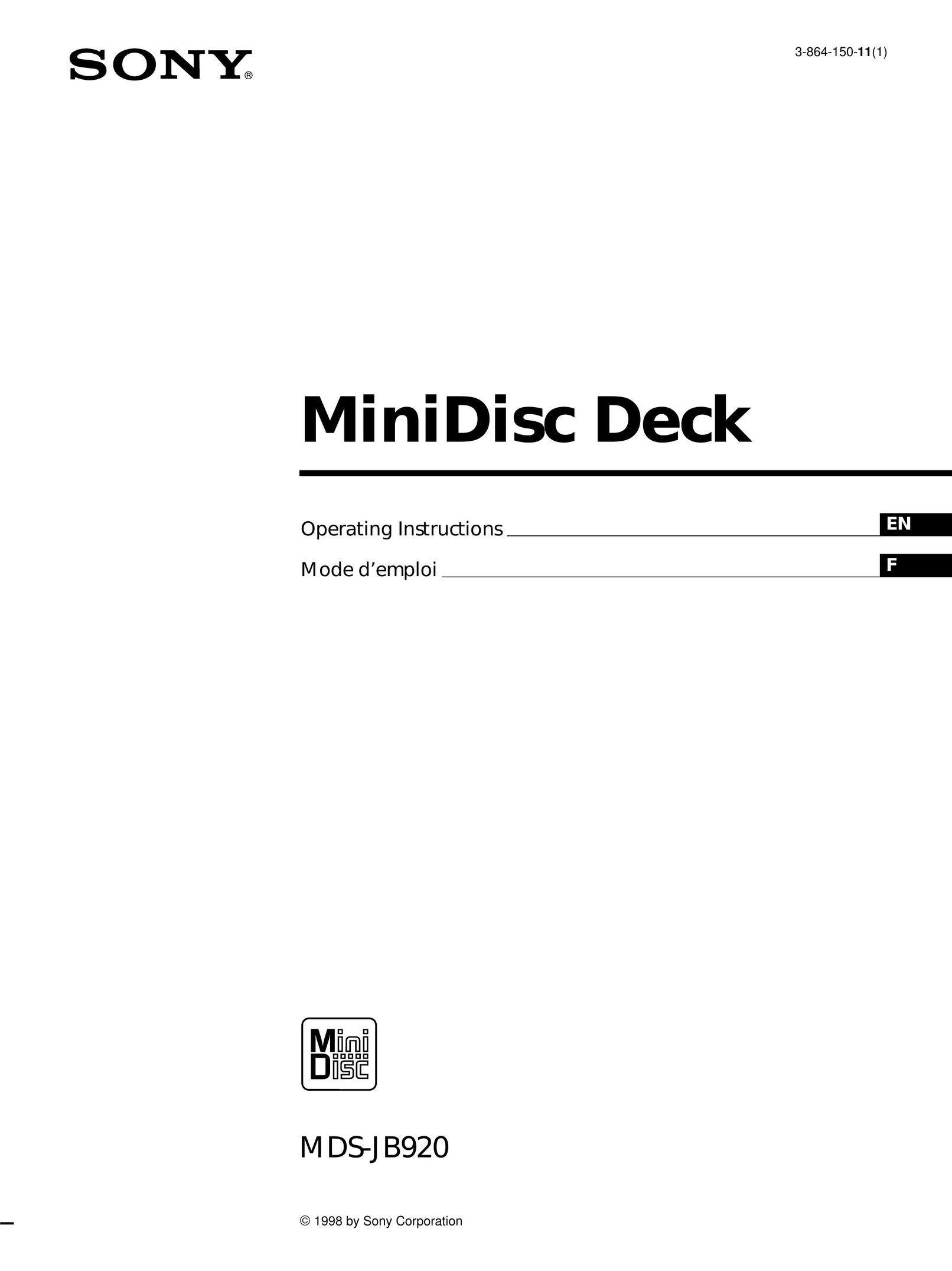 Sony MDS-JB920 MiniDisc Player User Manual