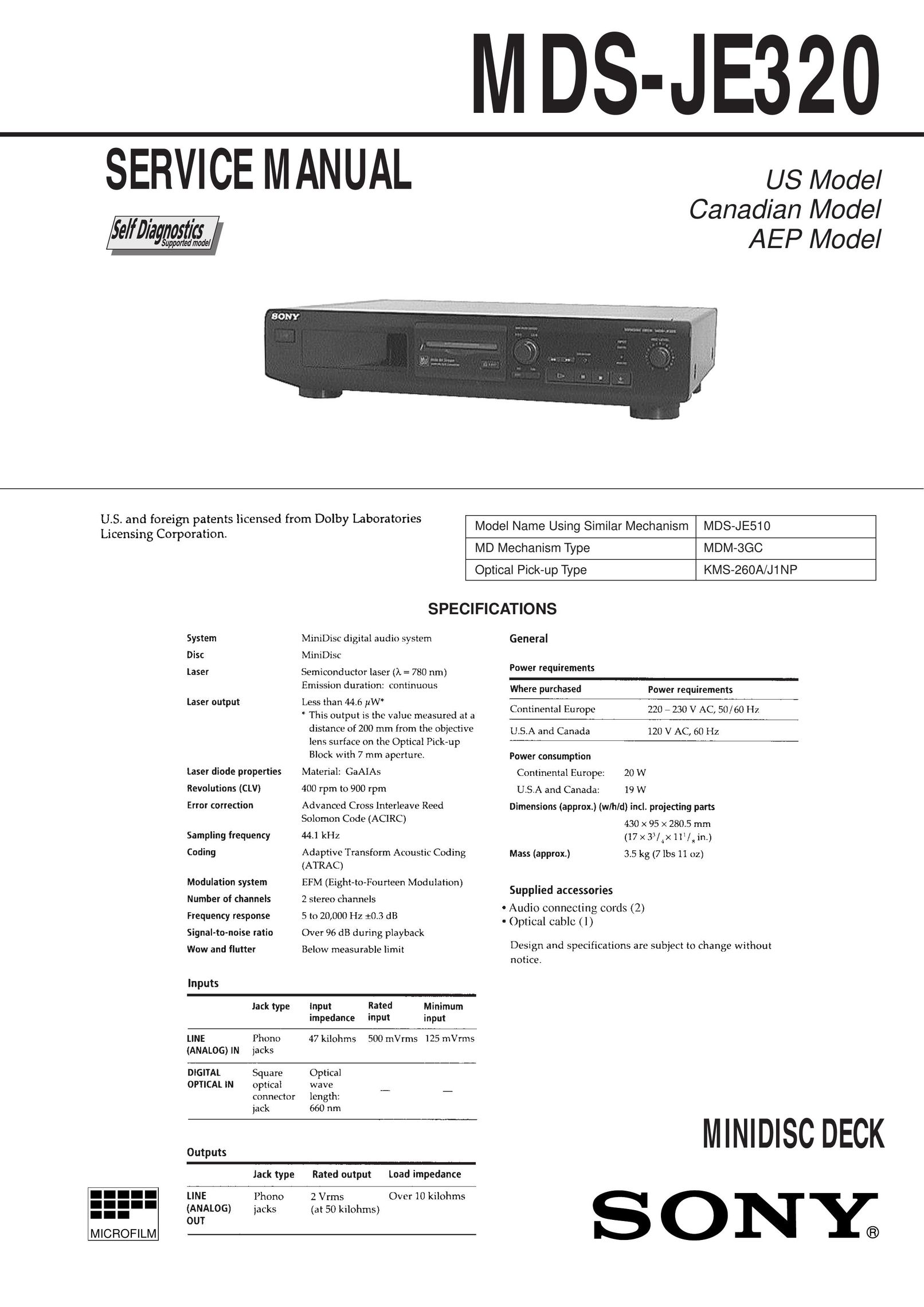 Sony MDS-JD320 MiniDisc Player User Manual