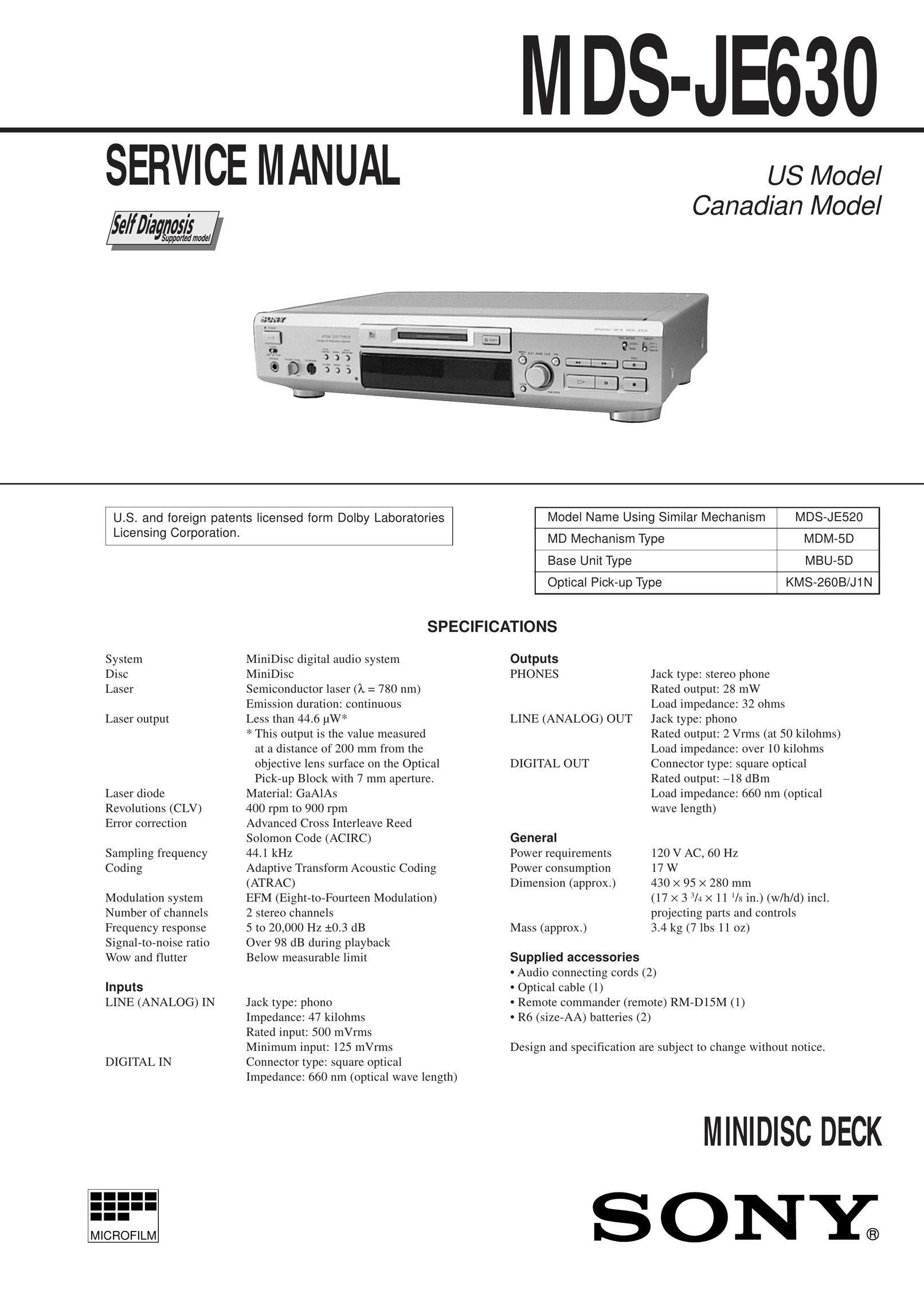 Sony MDS-JE630 MiniDisc Player User Manual