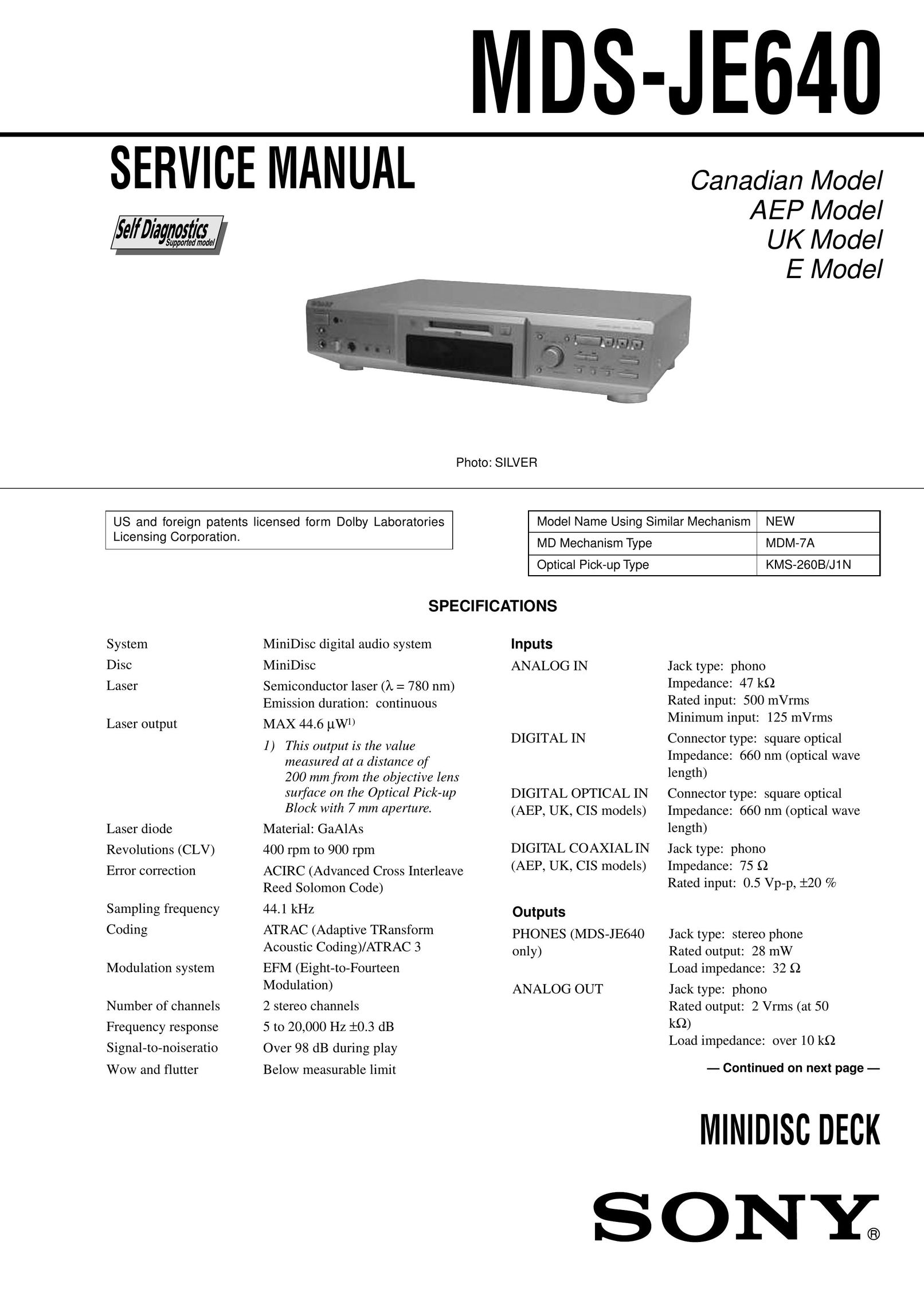 Sony MDS-JE640 MiniDisc Player User Manual