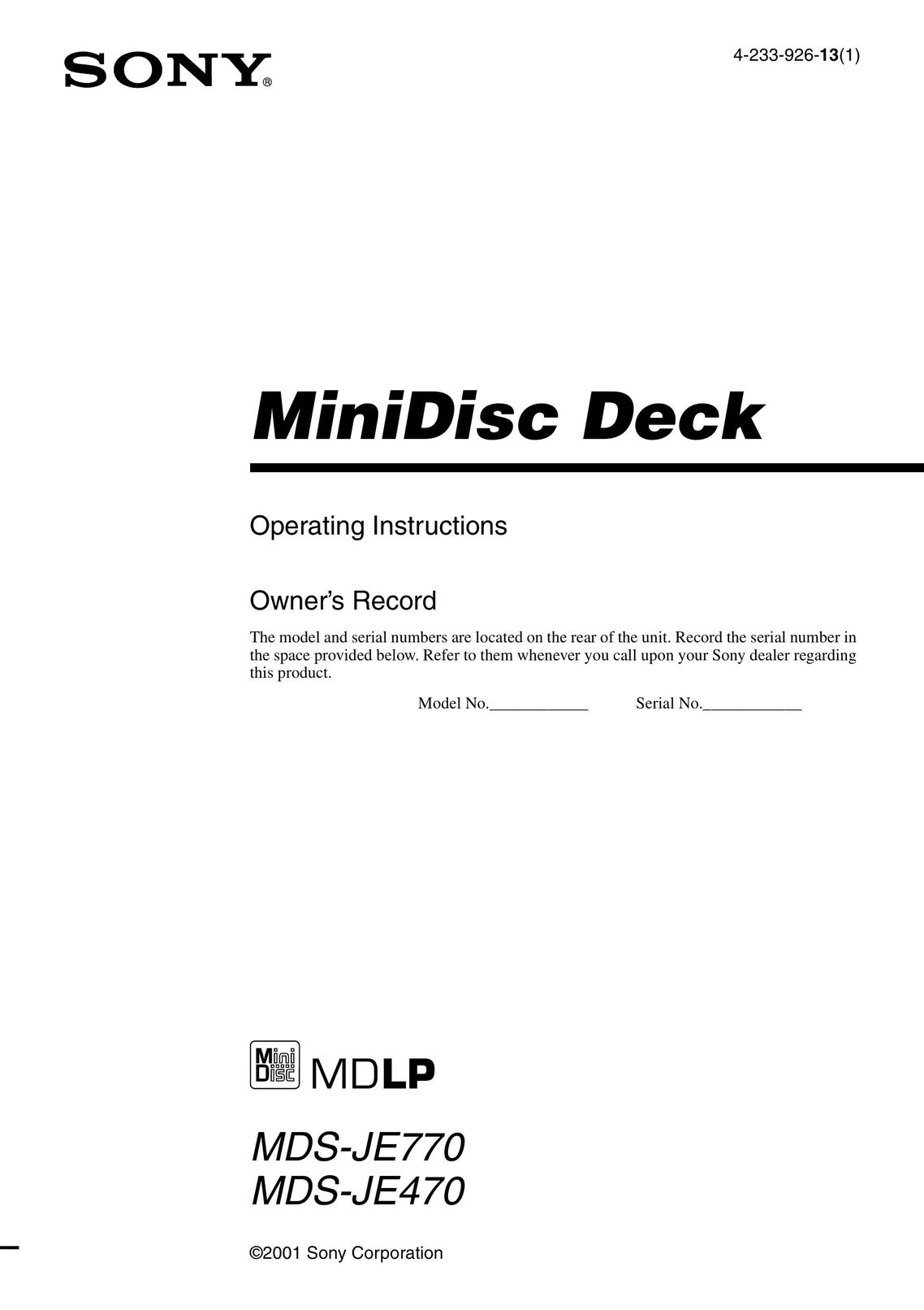 Sony MDS-JE770 MiniDisc Player User Manual