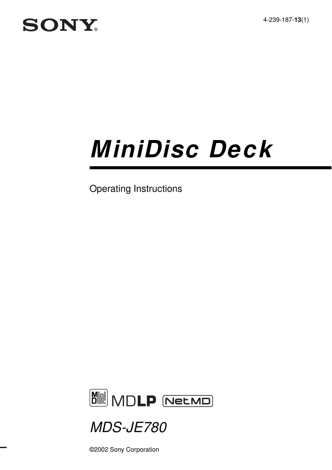 Sony MDS-JE780 MiniDisc Player User Manual