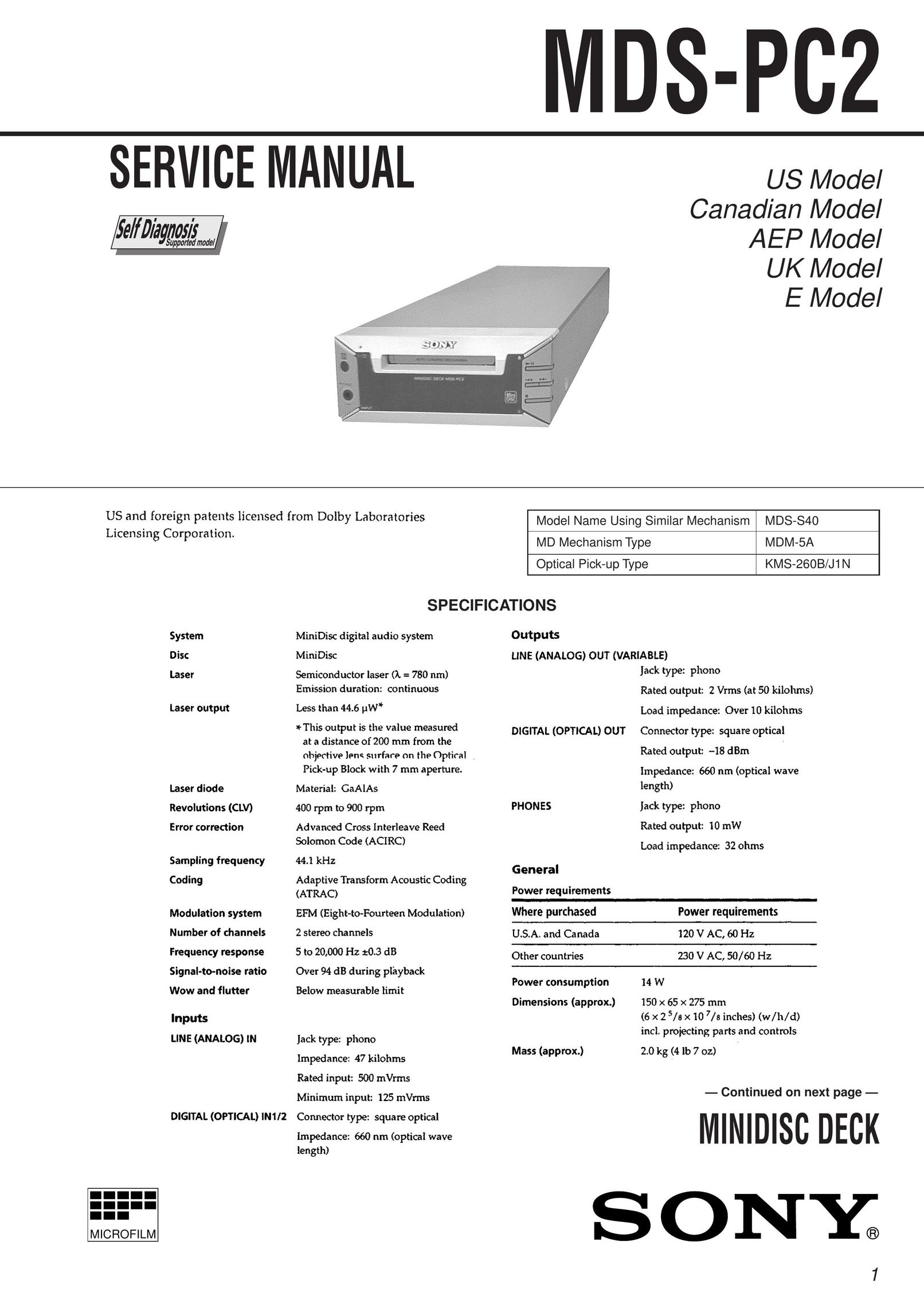 Sony MDS-PC2 MiniDisc Player User Manual