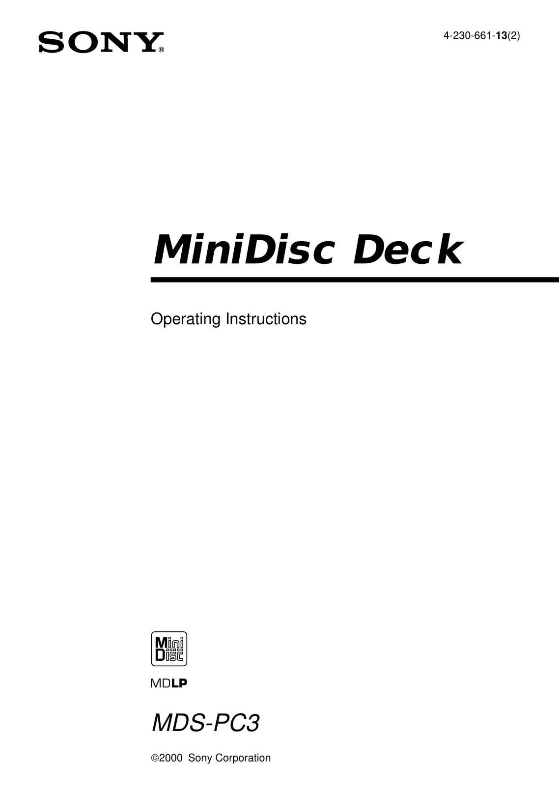 Sony MDS-PC3 MiniDisc Player User Manual