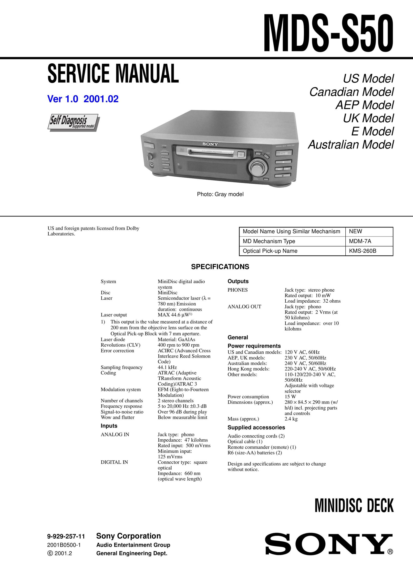 Sony MDS-S50 MiniDisc Player User Manual