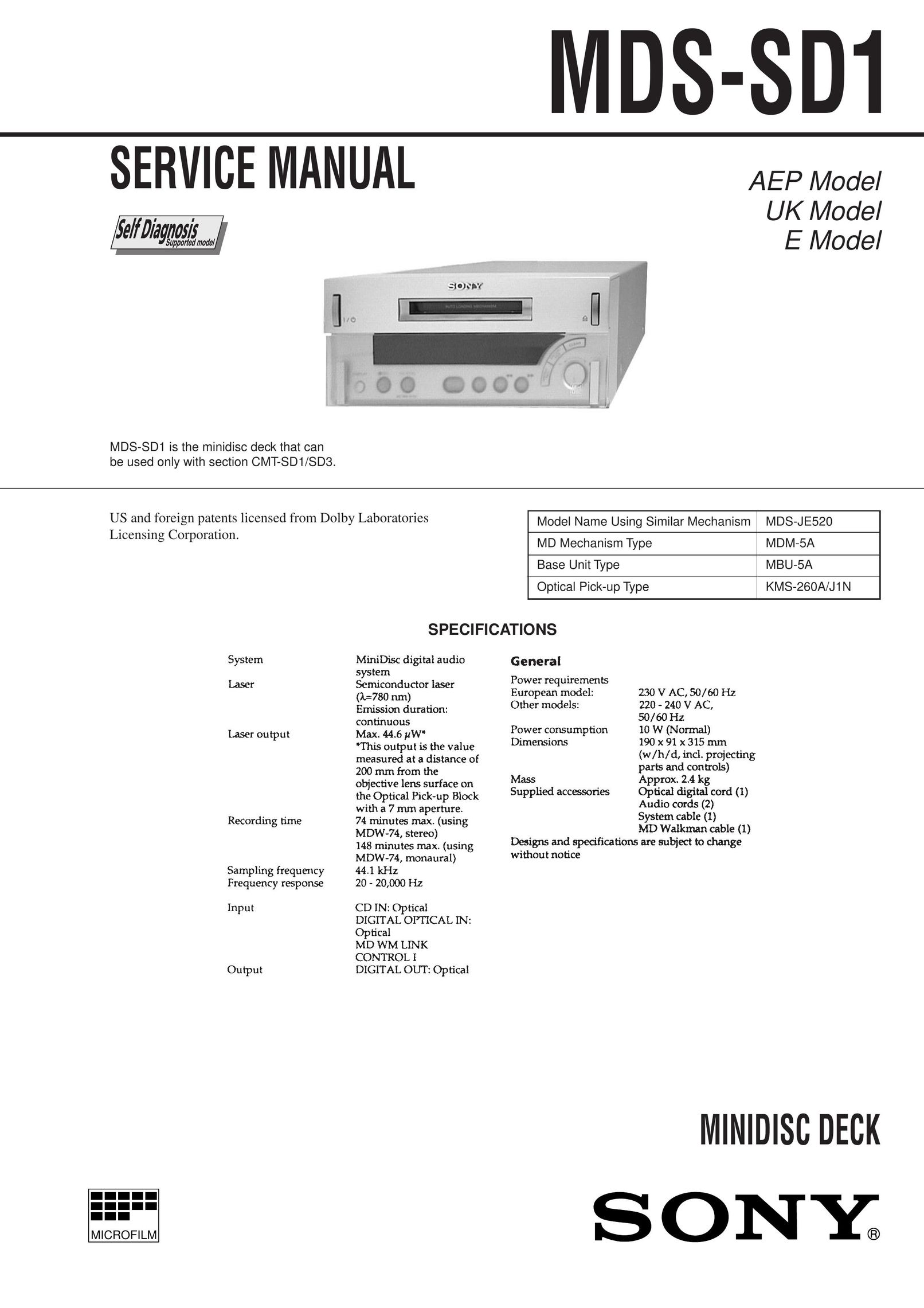 Sony MDS-SD1 MiniDisc Player User Manual