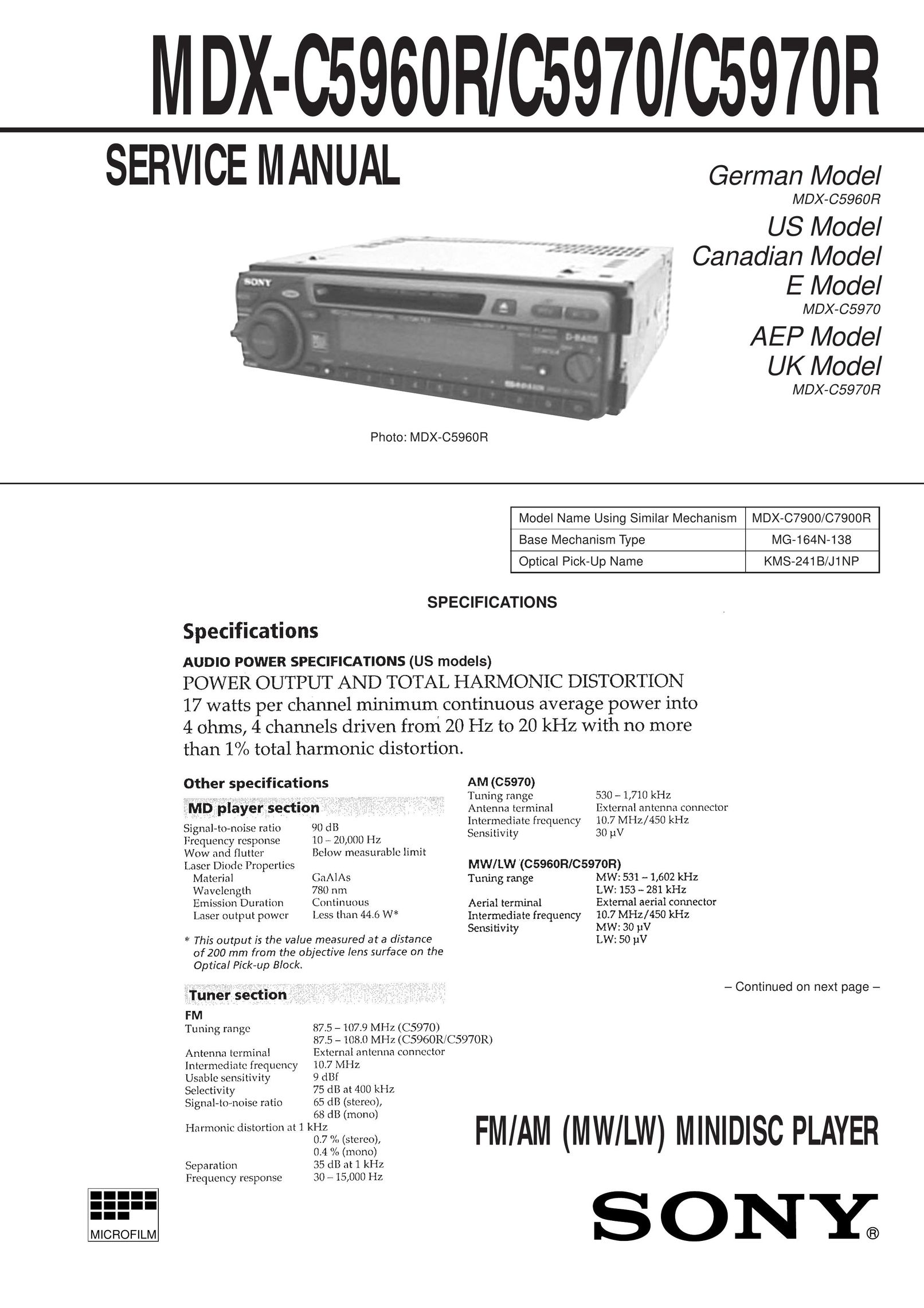 Sony MDX-C5970R MiniDisc Player User Manual