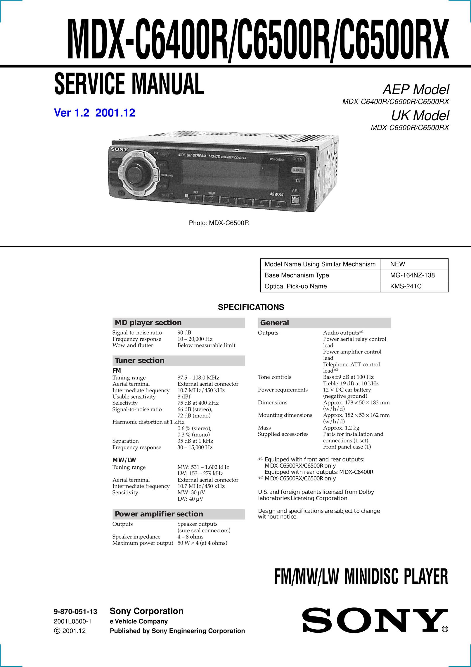 Sony MDX-C6500R MiniDisc Player User Manual