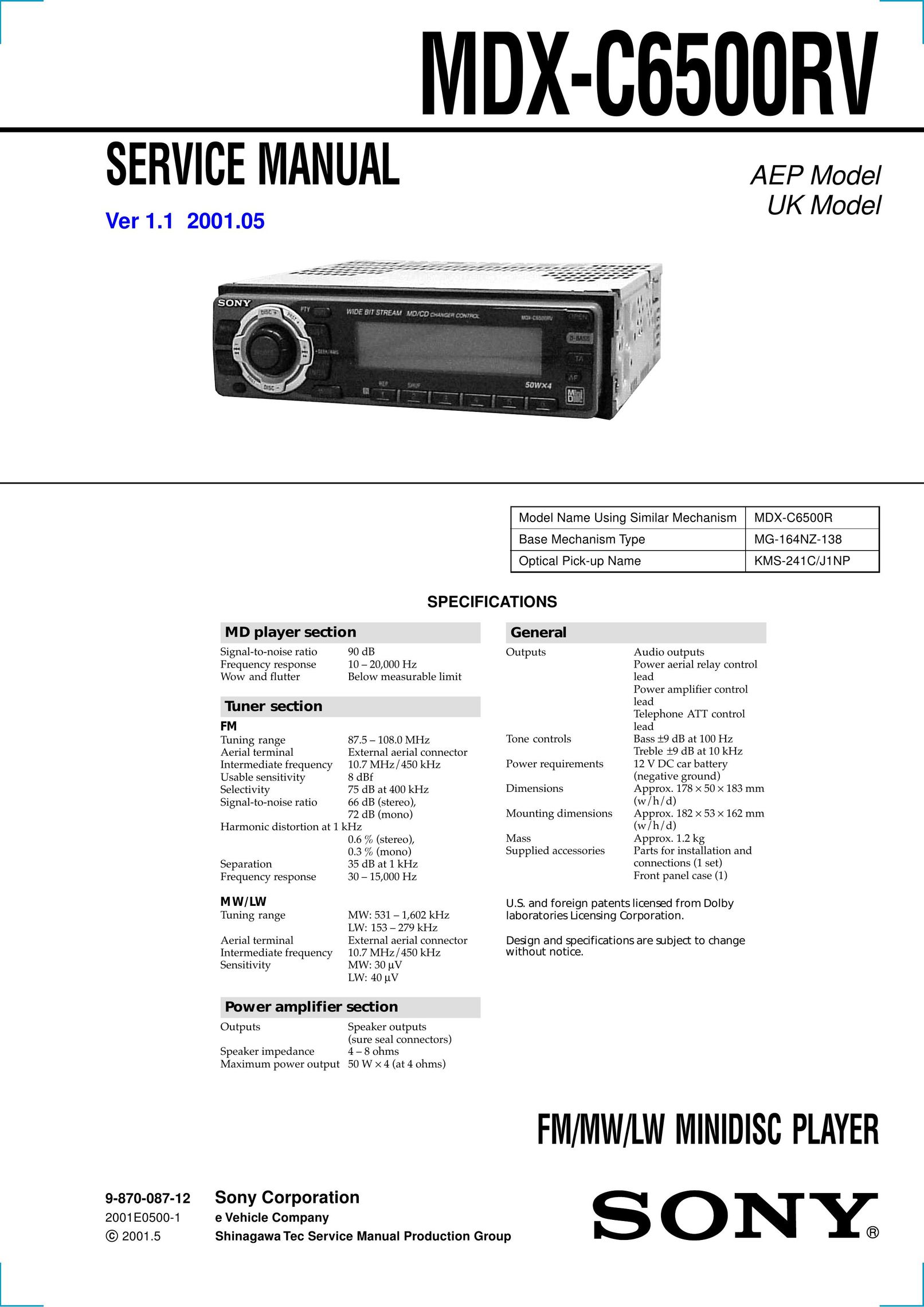 Sony MDX-C6500RV MiniDisc Player User Manual