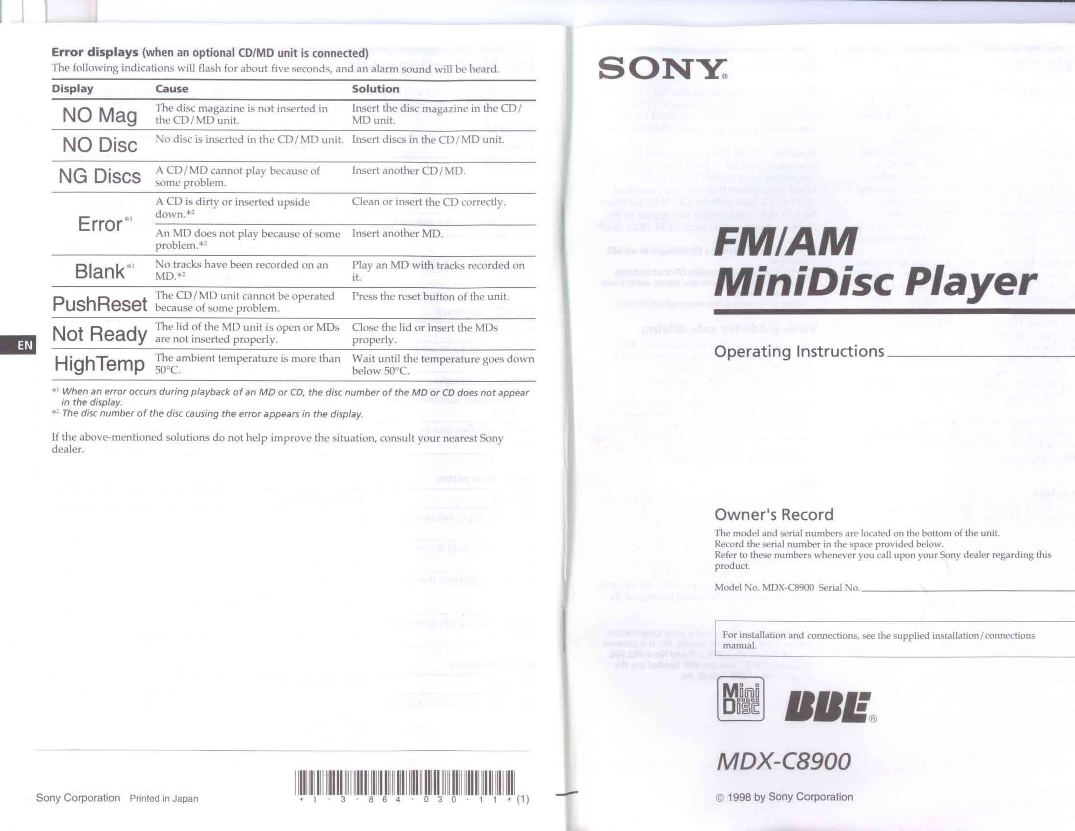 Sony MDX-C8900 MiniDisc Player User Manual
