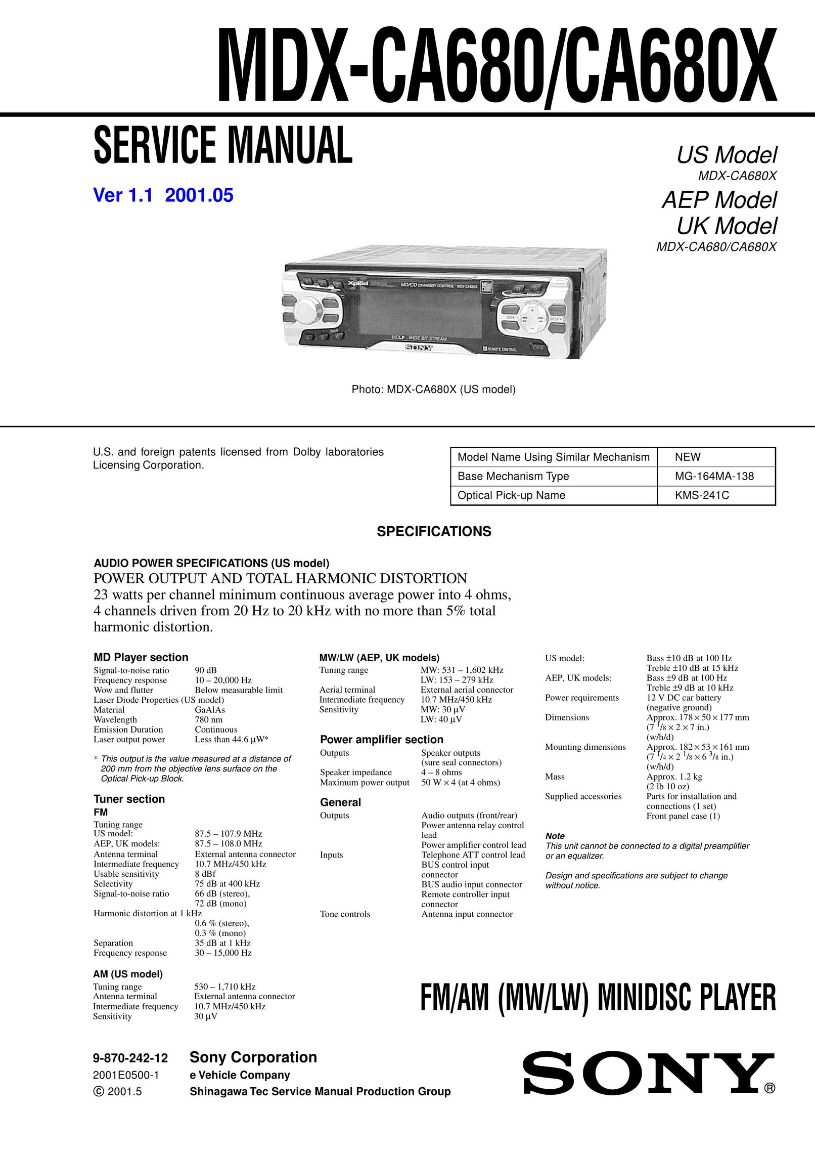 Sony MDX-CA680 MiniDisc Player User Manual