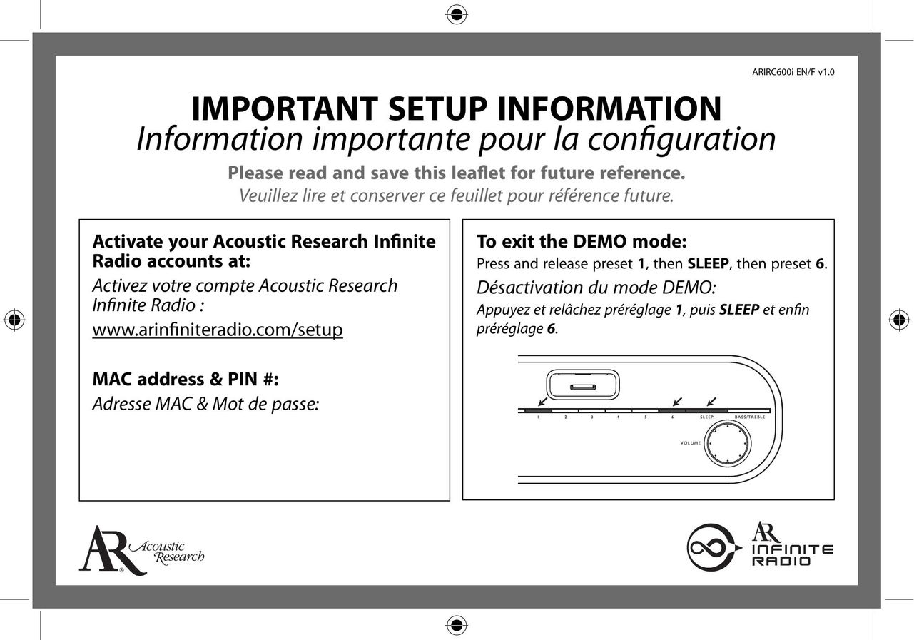 Acoustic Research ARIRC600i Radio User Manual