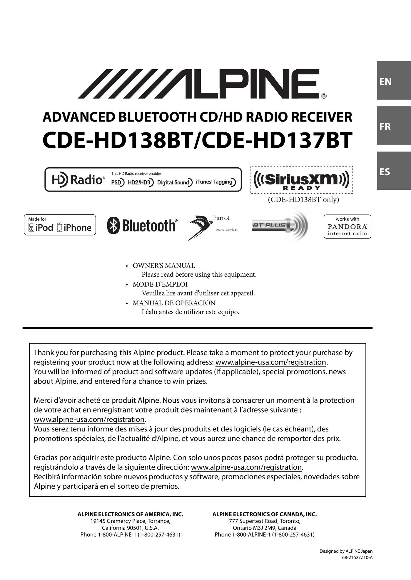 Alpine CDE-HD138BT/CDE-HD137BT Radio User Manual