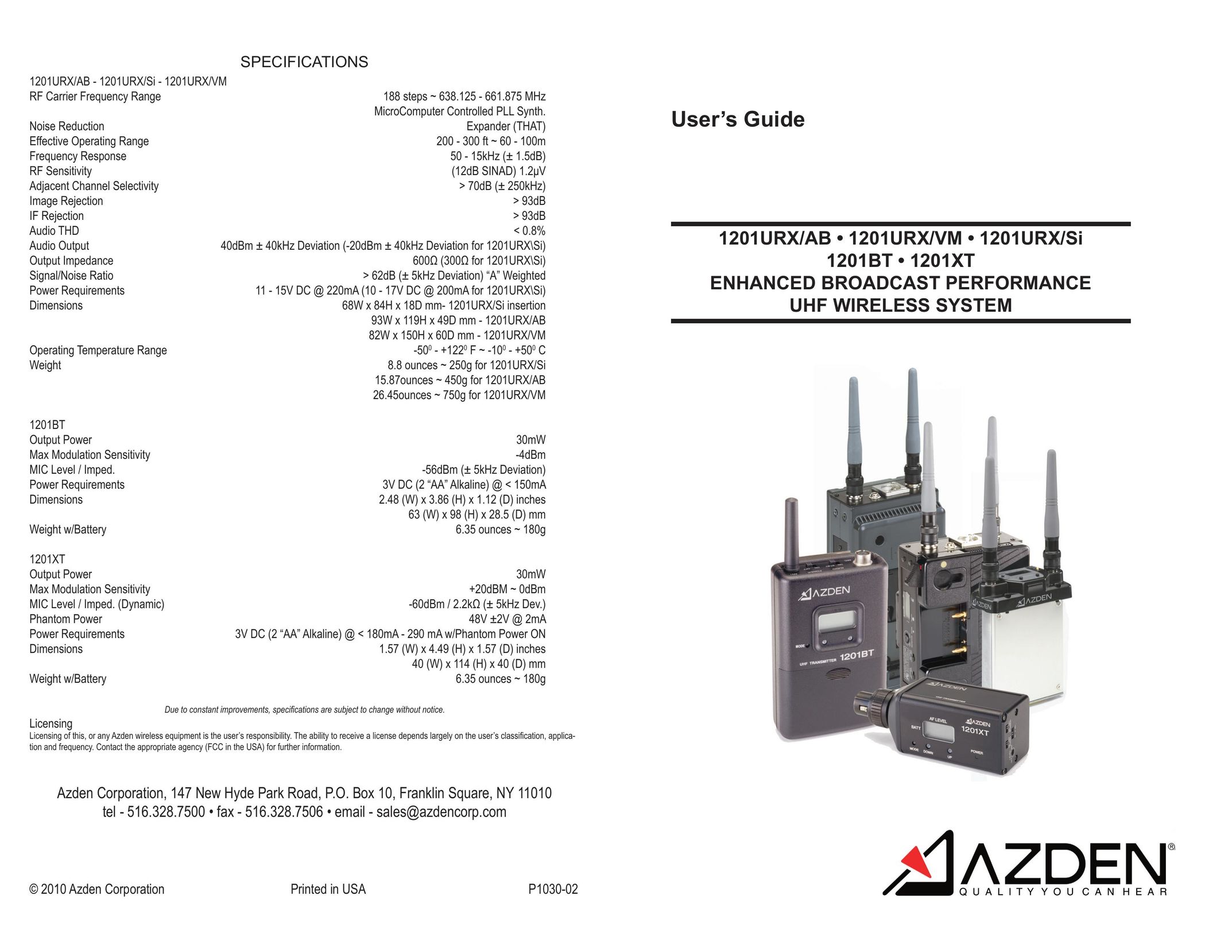 Azden Enhanced Broadcast Performance UHF Wireless System Radio User Manual