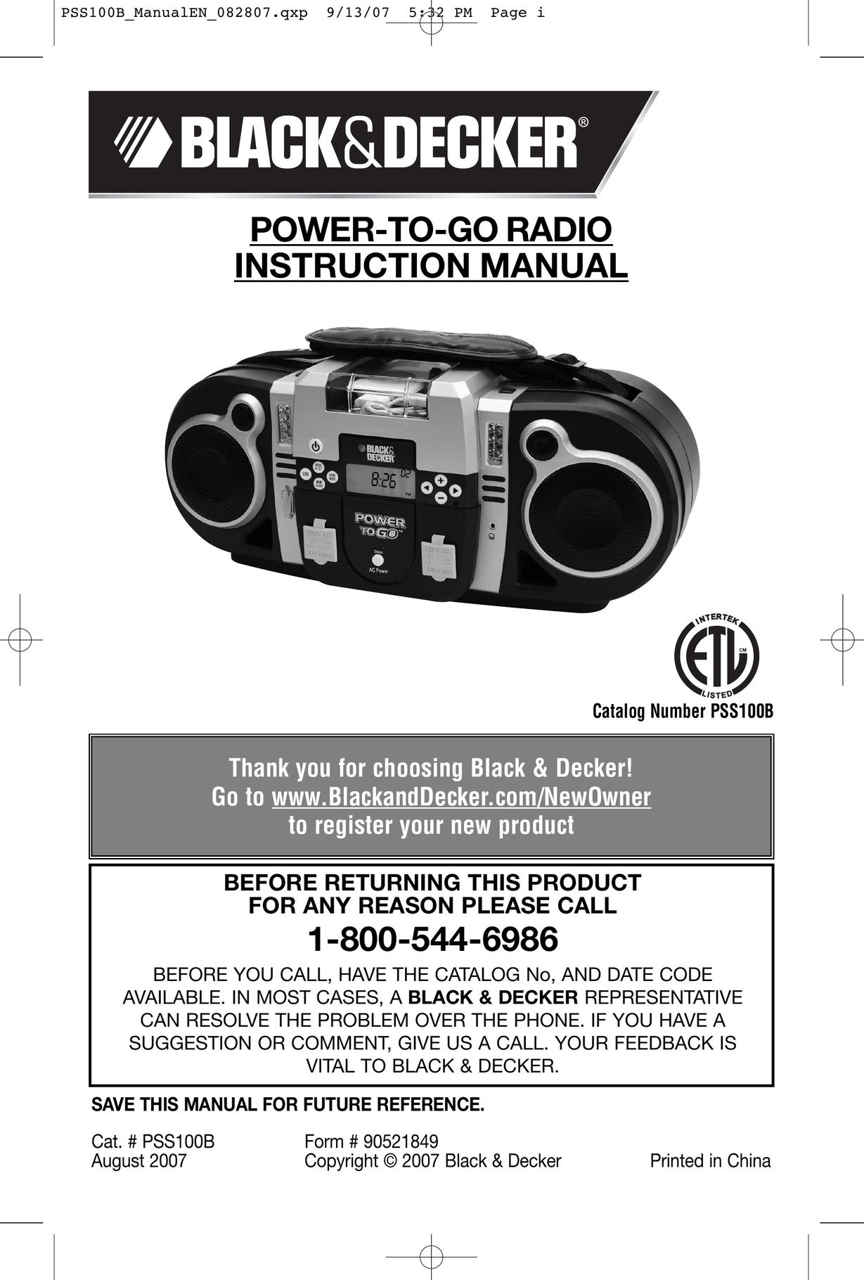 Black & Decker 90521849 Radio User Manual
