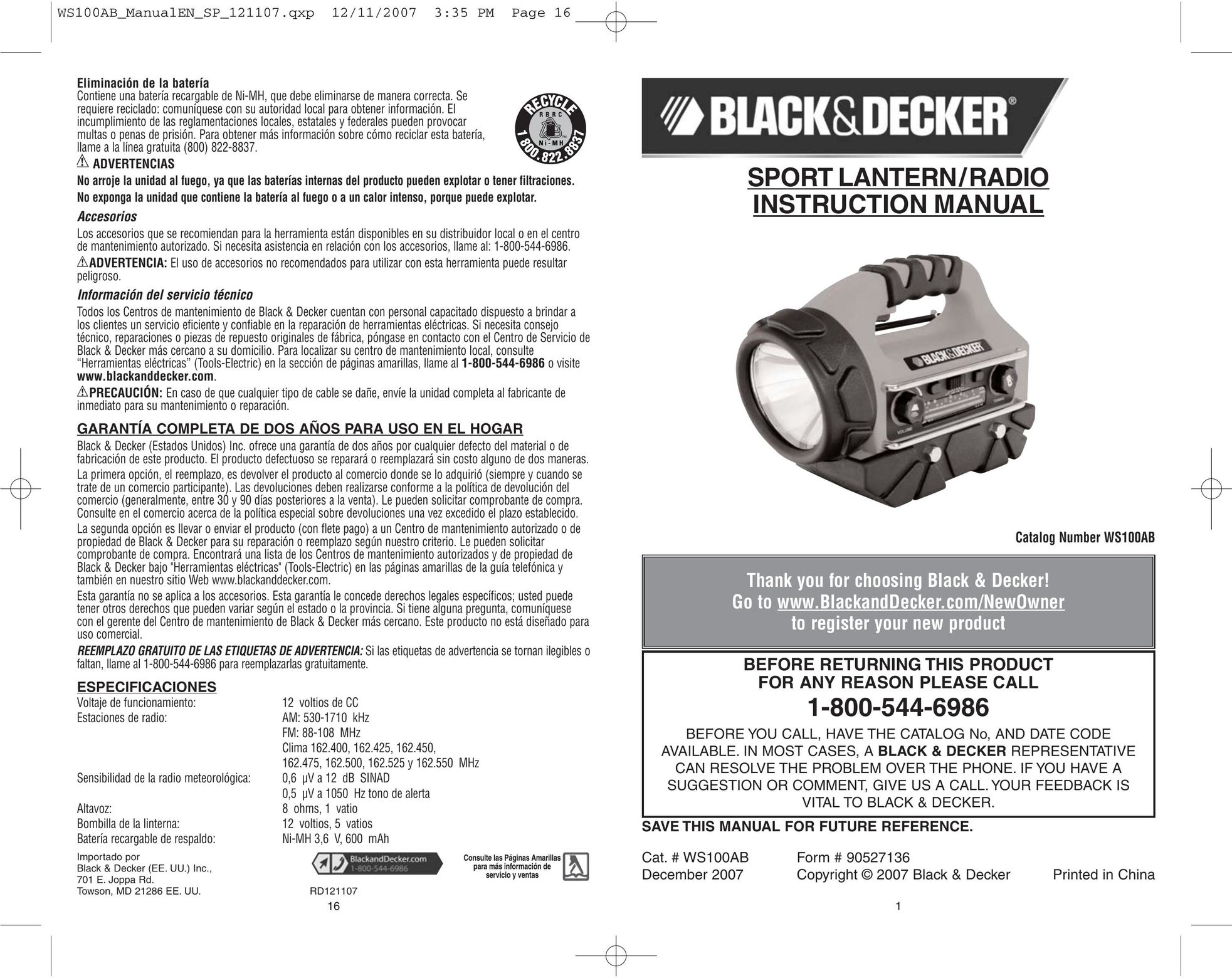 Black & Decker WS100AB Radio User Manual