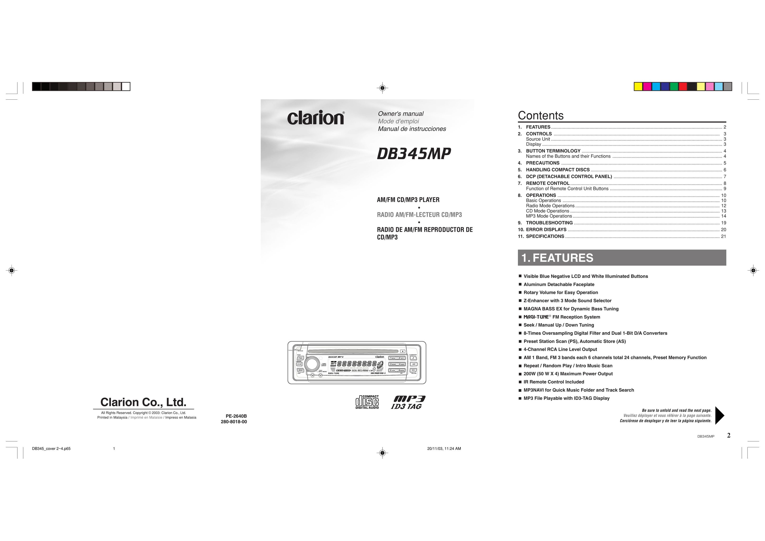 Clarion DB345MP Radio User Manual