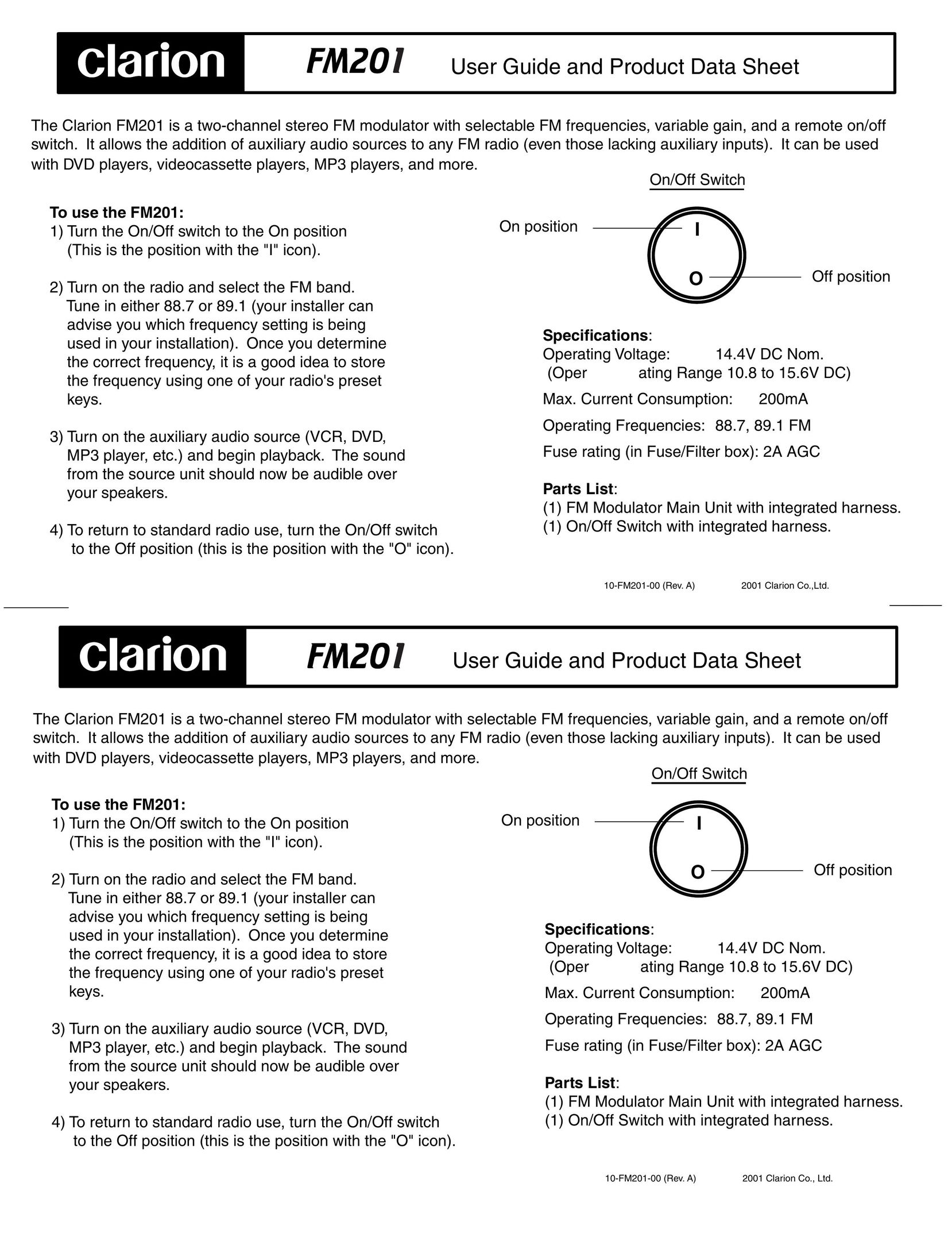 Clarion FM201 Radio User Manual
