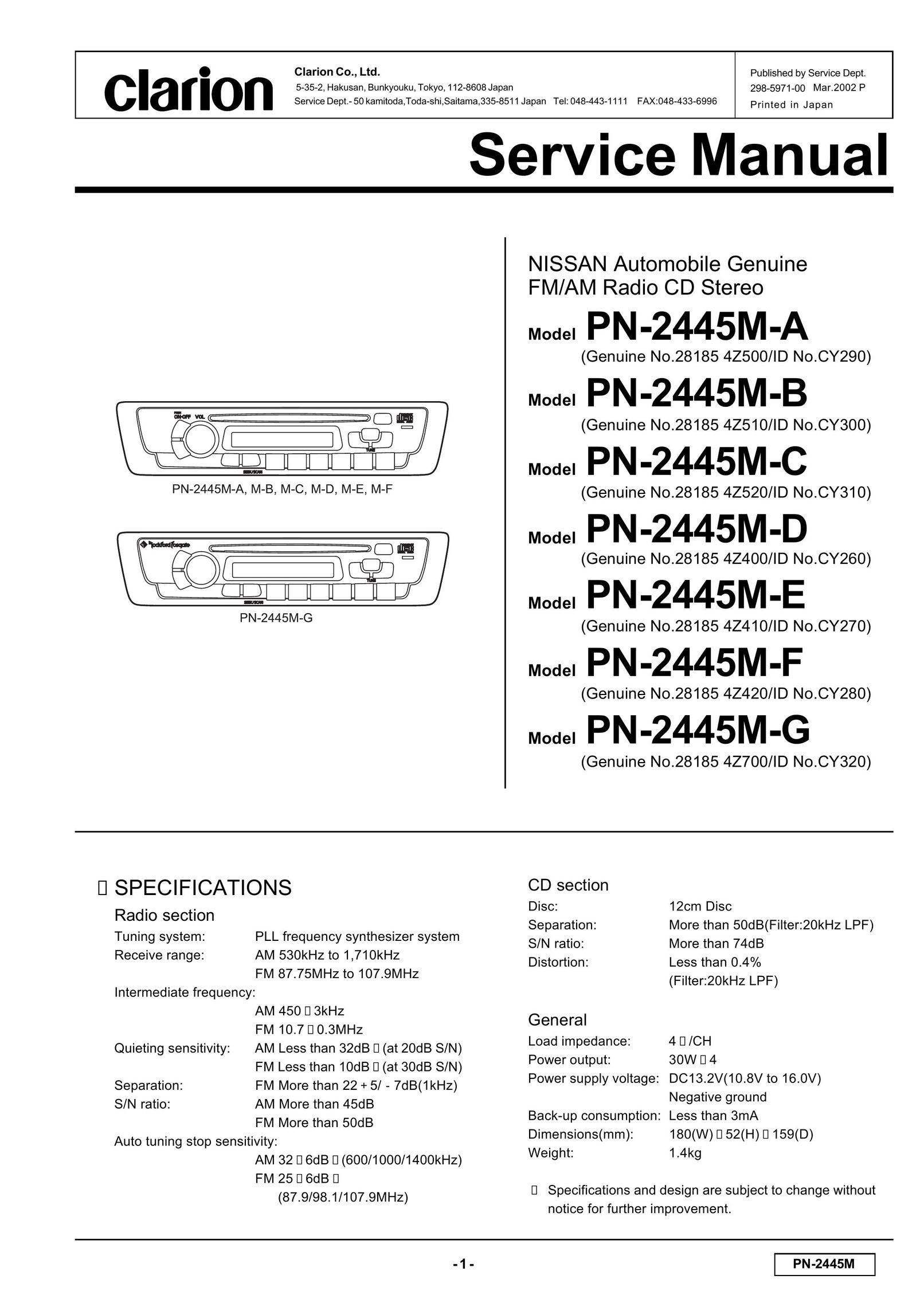 Clarion PN-2445M-G Radio User Manual