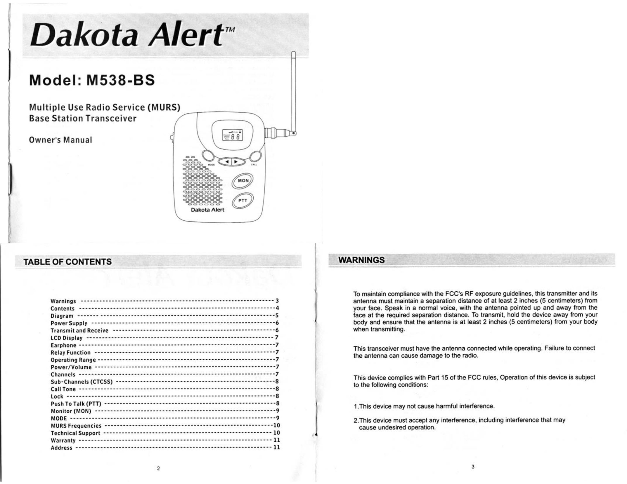 Dakota Alert Multiple Use Radio Service (MURS) Base Station Tranceiver Radio User Manual
