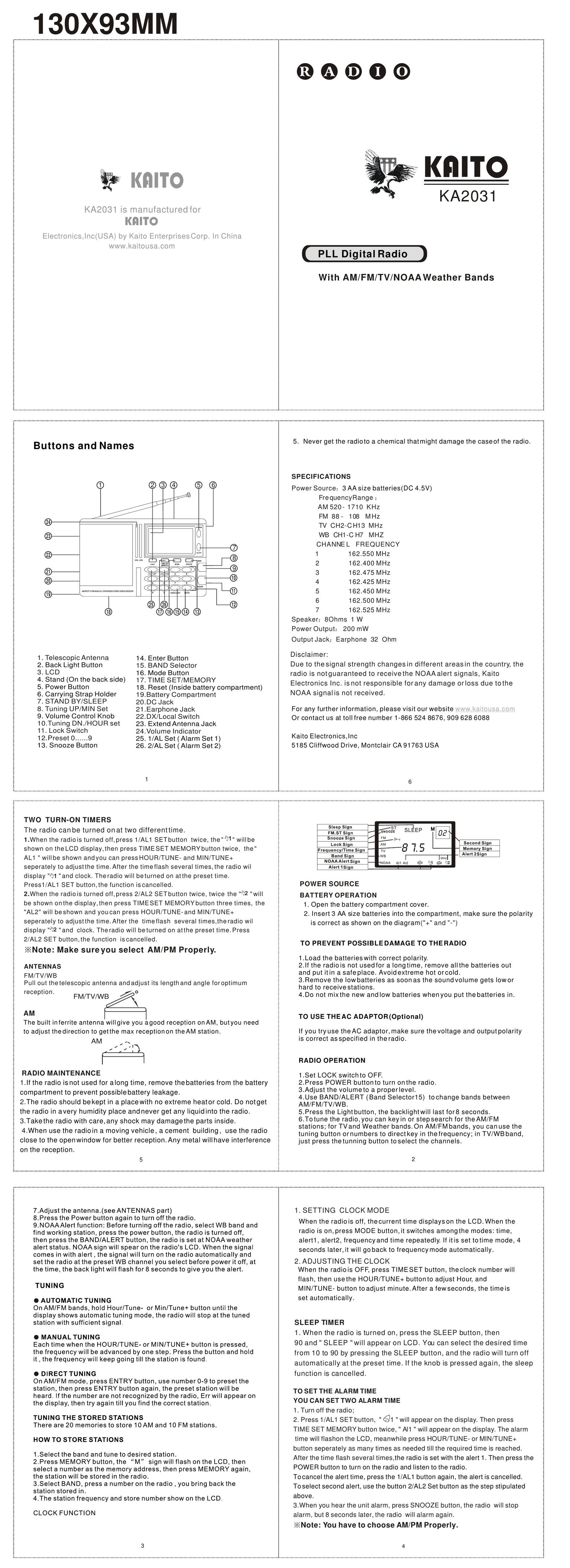 Kaito electronic KA2031 Radio User Manual