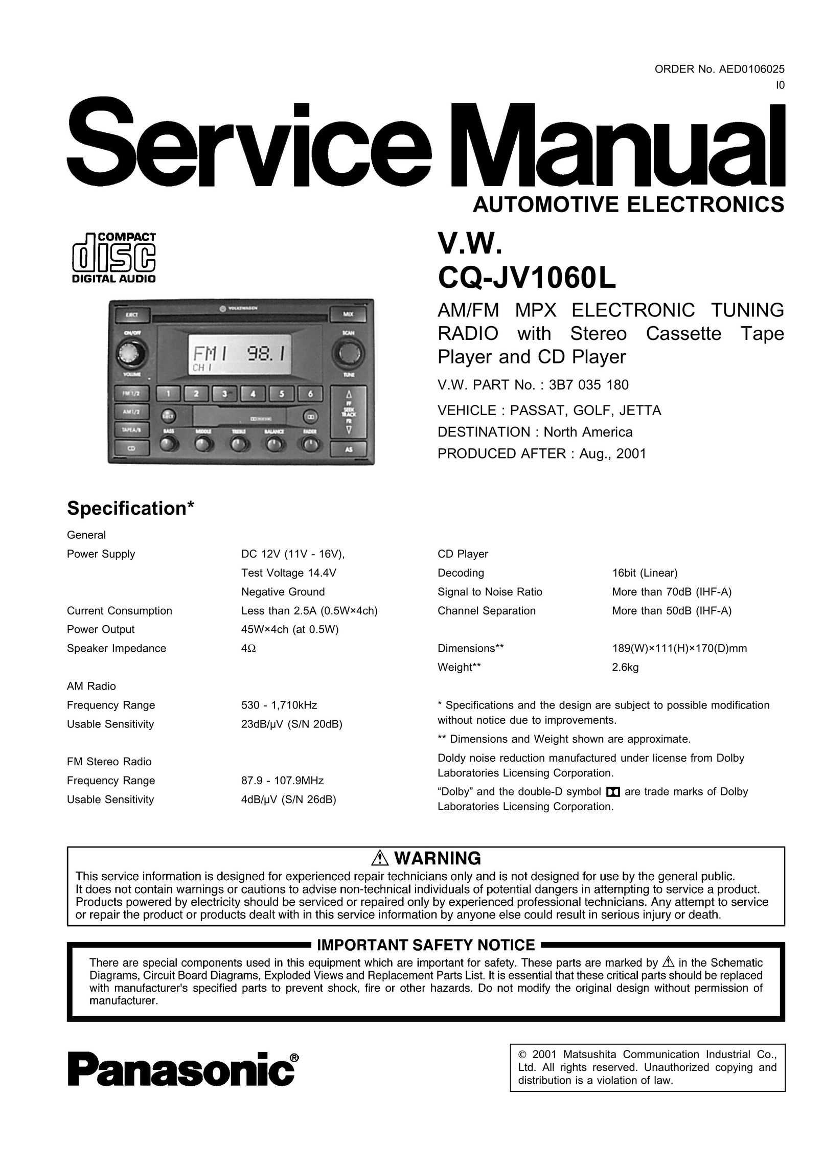Panasonic CQ-JV1060L Radio User Manual