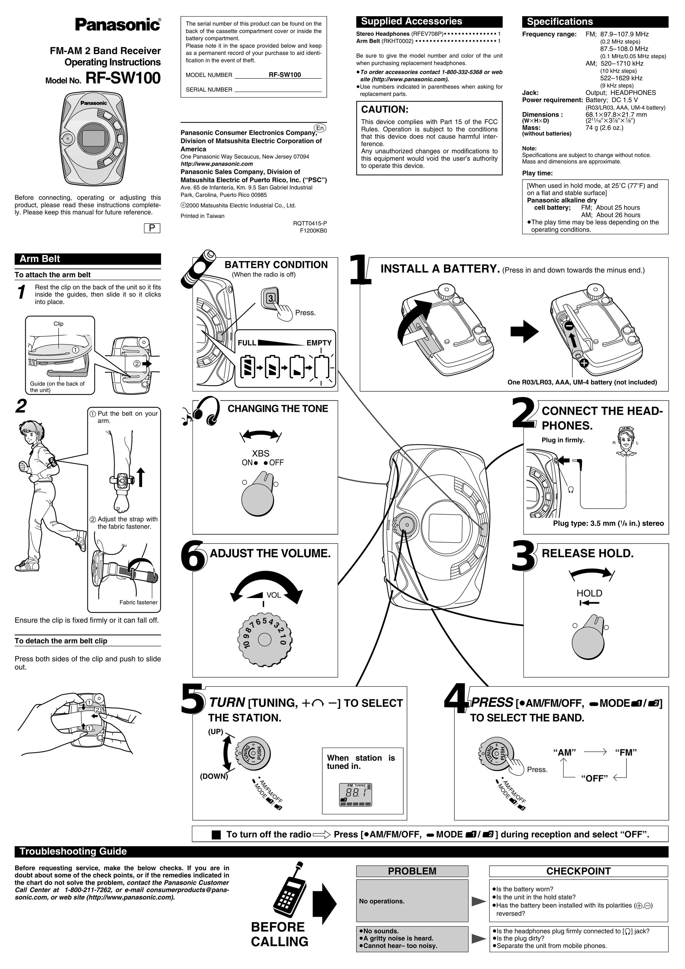 Panasonic RF-SW100 Radio User Manual