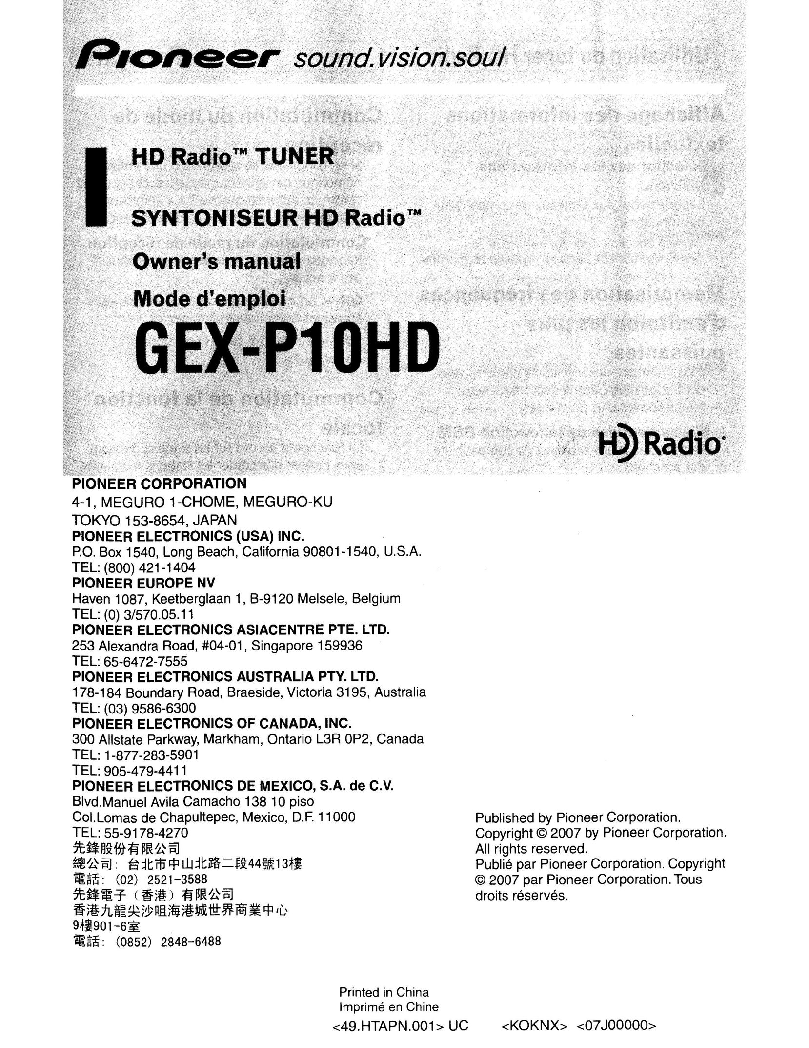 Pioneer HD Radio Tuner Radio User Manual