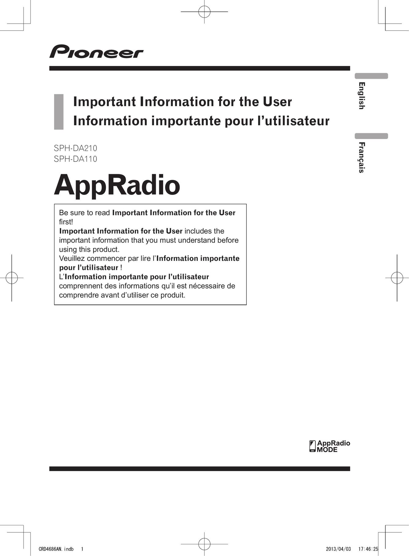 Pioneer SPH-DA110 Radio User Manual