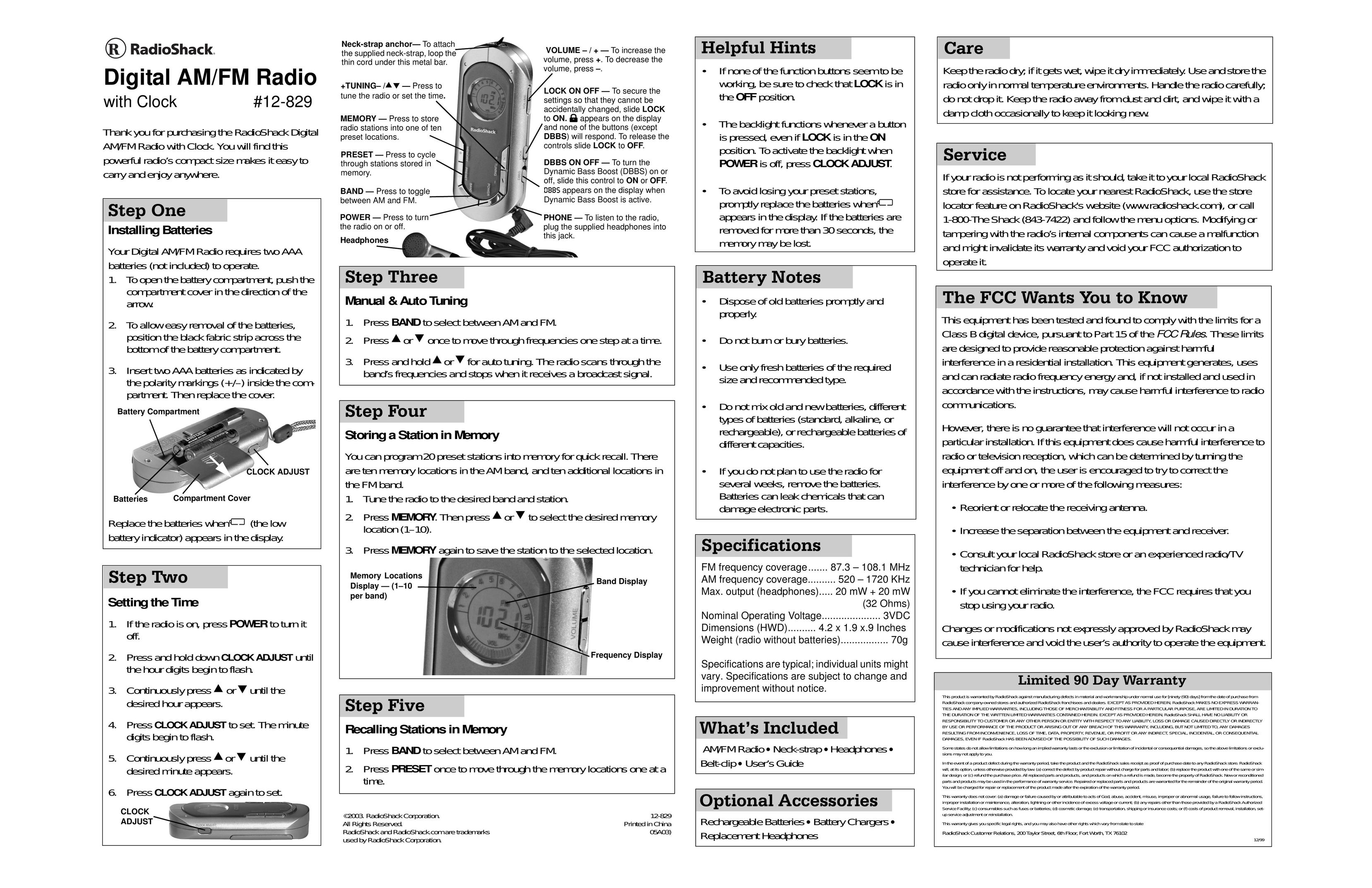 Radio Shack 12-829 Radio User Manual